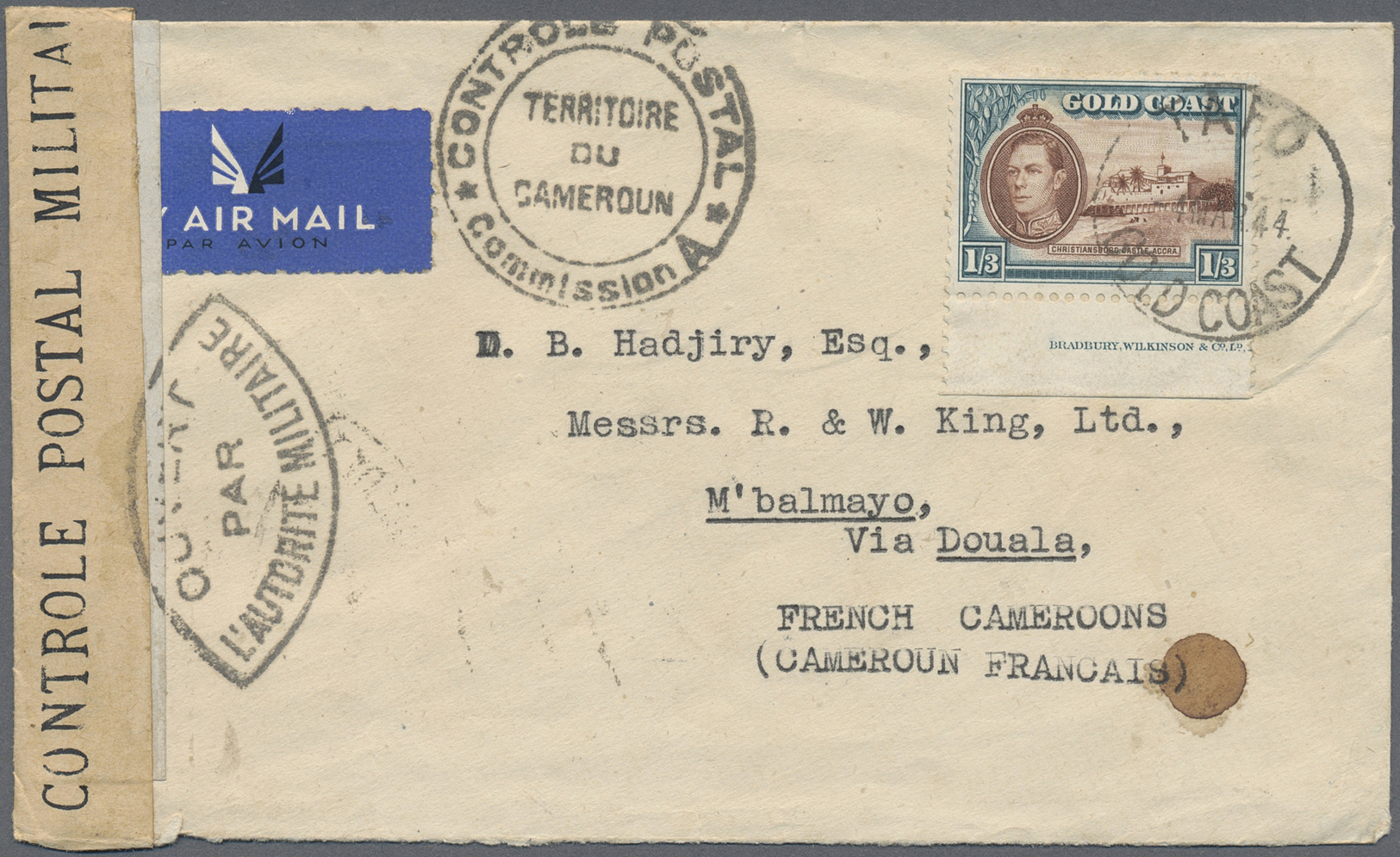Br Goldküste: 1944. Air Mail Envelope Addressed To The French Camerouns Bearing Gold Coast SG 129, 1/3d Brown And Turquo - Gold Coast (...-1957)