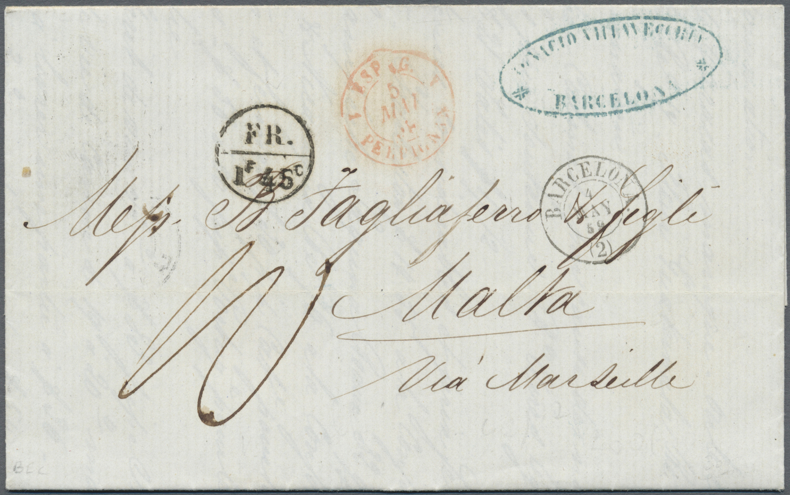 Br Malta - Vorphilatelie: 1859. Stampless Envelope Written From Barcelona Dated '3rd Mai 1859' Addressed To Malta - Malte