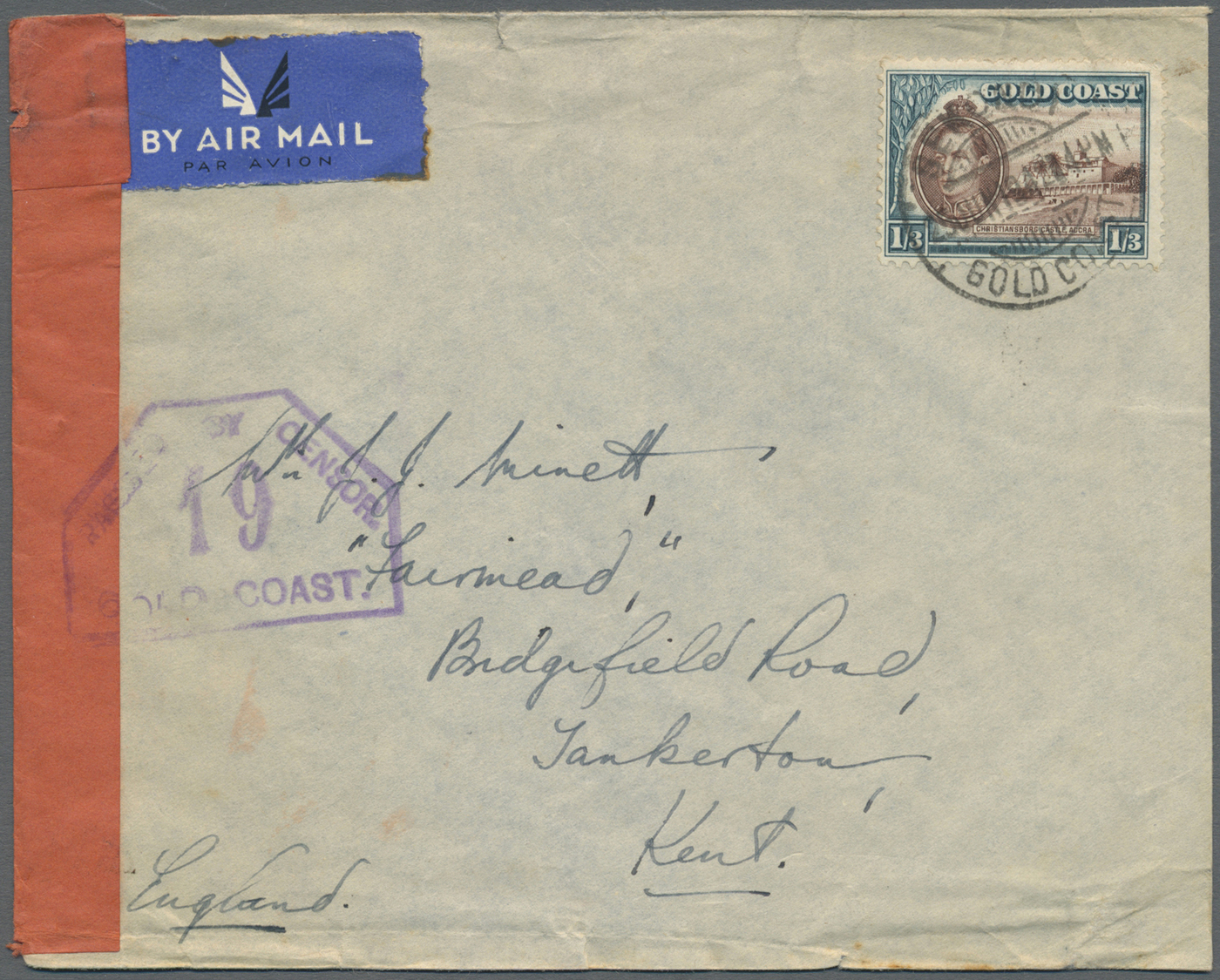 Br Goldküste: 1944. Air Mail Envelope (transportation And Opening Faults) Addressed To England Bearing SGb 129, 1s3d Bro - Gold Coast (...-1957)