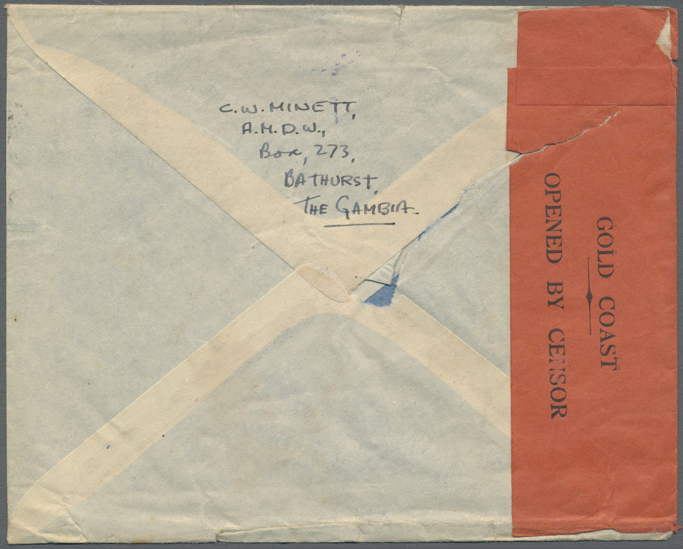 Br Goldküste: 1944. Air Mail Envelope (transportation And Opening Faults) Addressed To England Bearing SGb 129, 1s3d Bro - Gold Coast (...-1957)