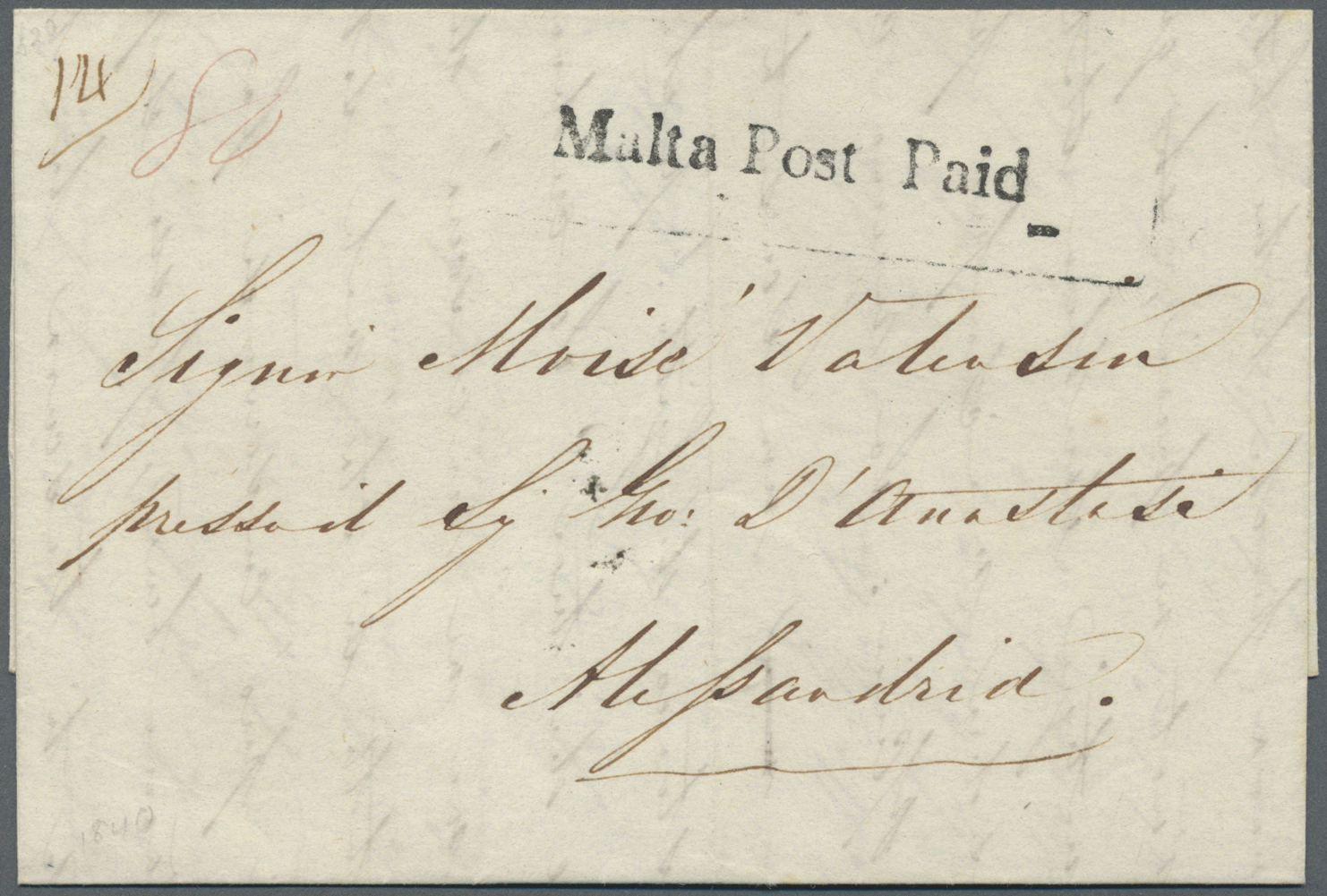 Br Malta: 1840, "Malta Post Paid" One Line Stamp (handbook MPP-2c) On Complete Folded Letter To ALEXANDRIA/Egypt, - Malte