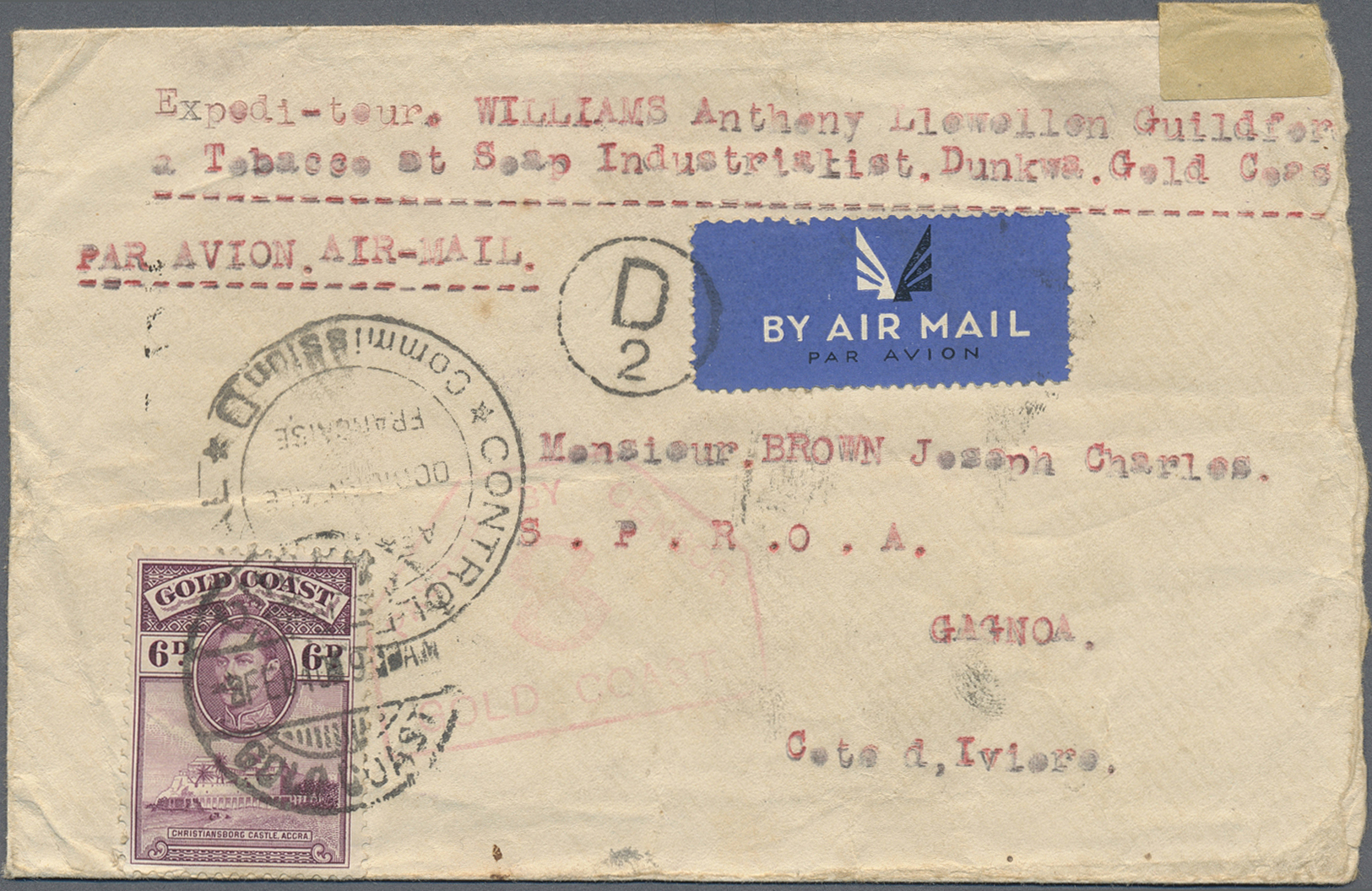 Br Goldküste: 1945. Air Mail Envelope (roughly Opened At Right) Addressed To Gagnoa, Ivory Coast Bearing SG 126, 6d Purp - Gold Coast (...-1957)