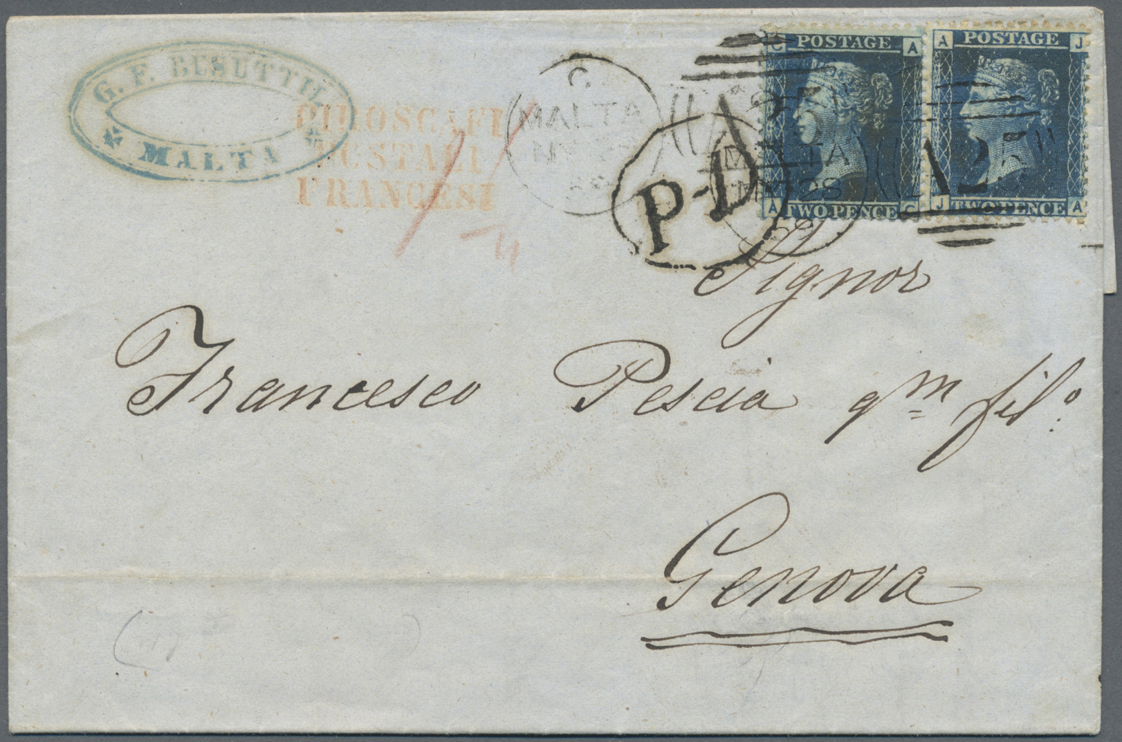 Br Malta: 1859, Folded Letter Franked With 2 Copies Of 2 D Victoria Plate No. 7 With Duplex Cancellation MALTA/A - Malte