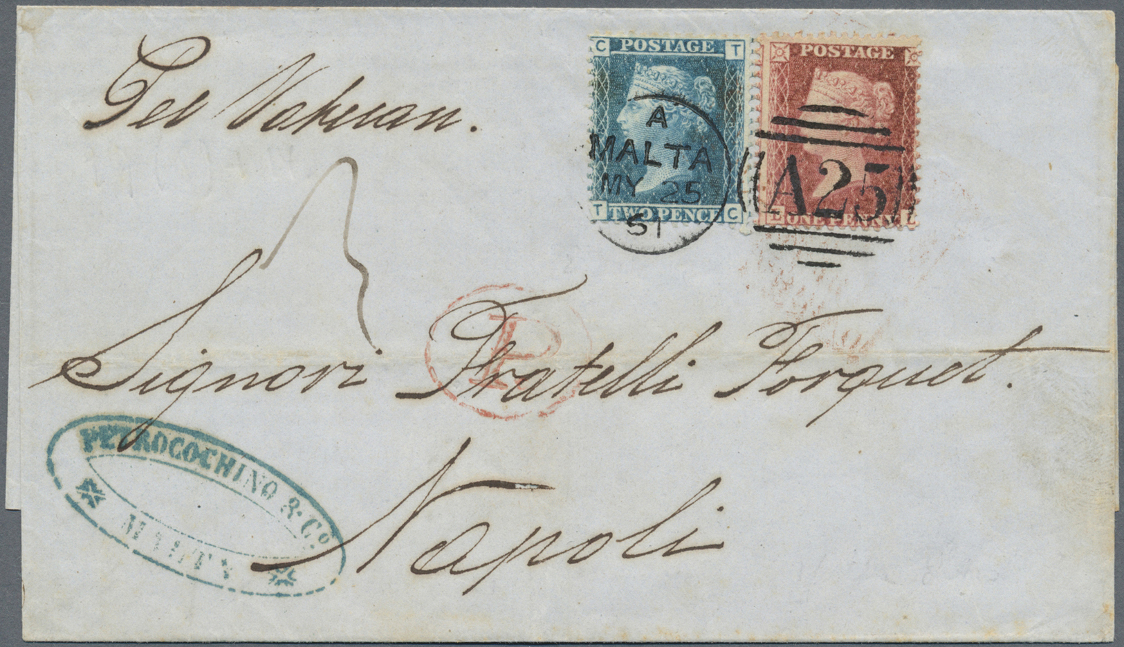 Br Malta: 1861 Folded Letter Sheet To Naples Franked By GB 2d., Plate 8, And 1d. Tied By "A/MALTA/MY 25/61"-"A25" - Malte