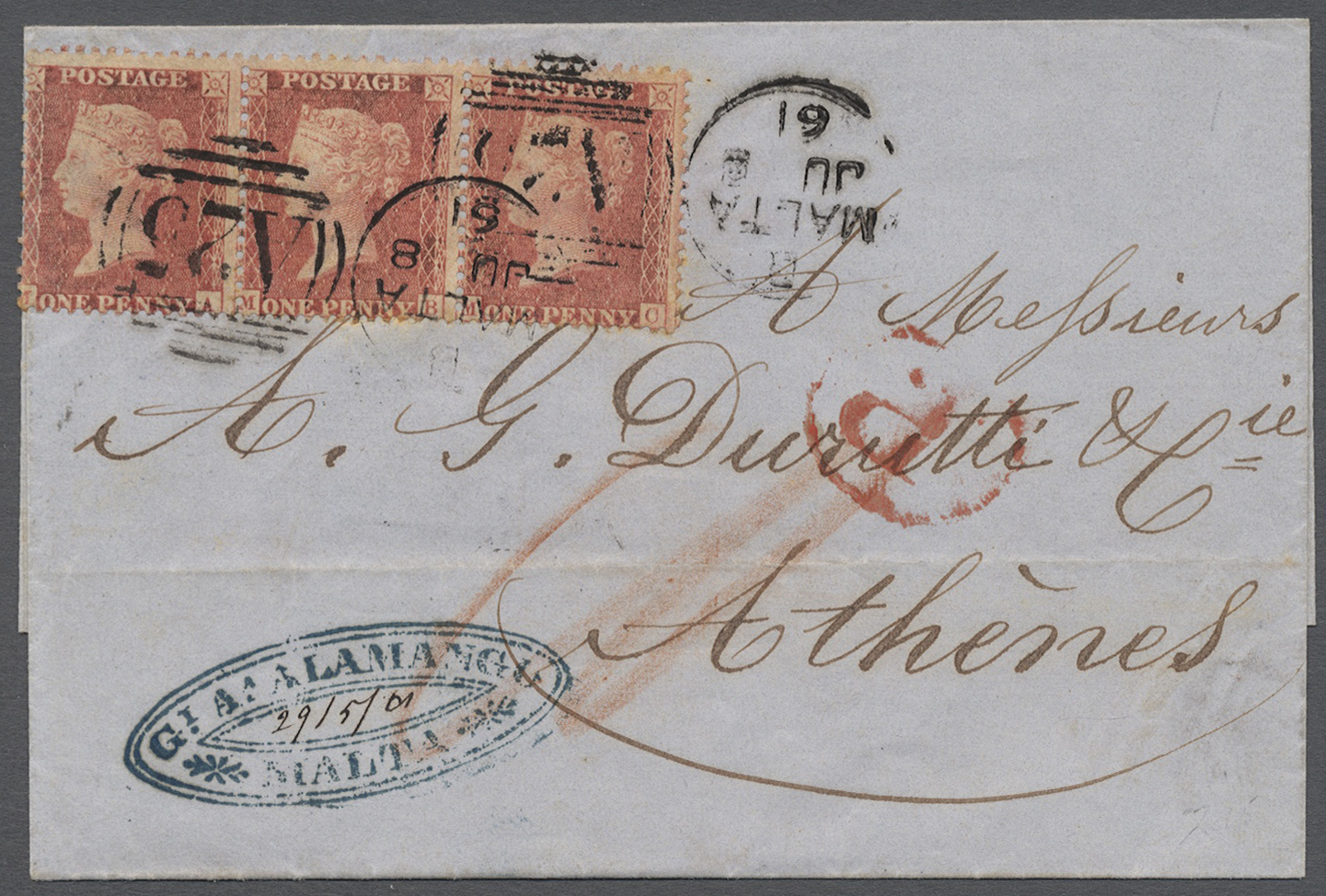 Br Malta: 1861, Vorläufer, Großbritannien 1 P. Dunkelrosa, Waagr. 3er-Streifen Auf Kabinettbrief, Sauberer Duplex - Malte
