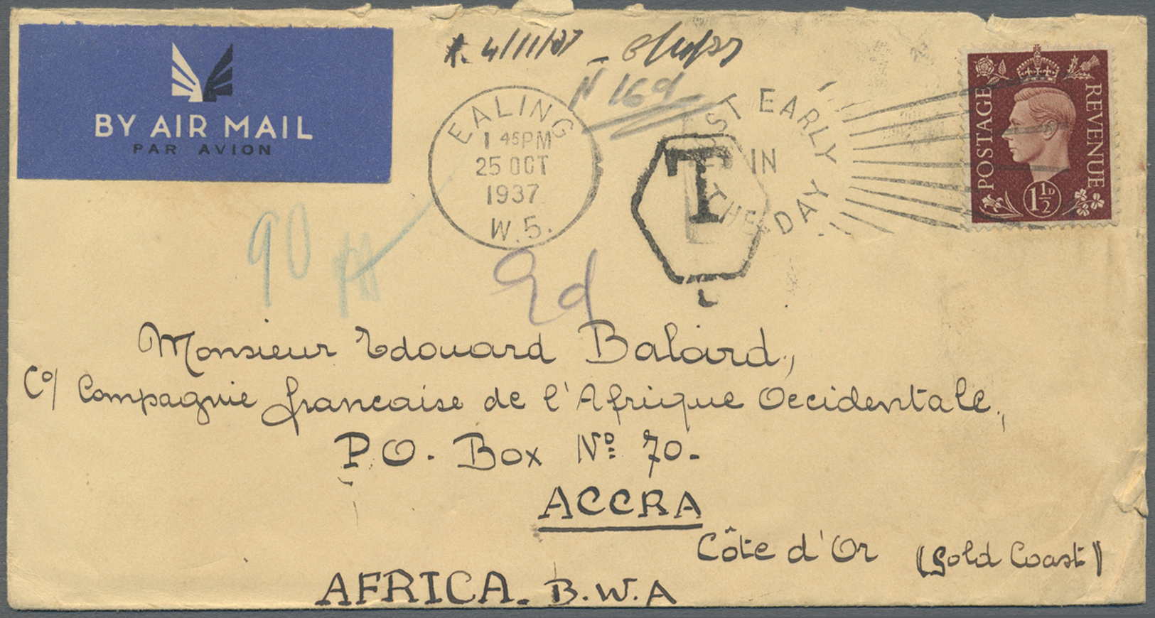 Br Goldküste - Portomarken: 1937. Air Mail Envelope Written From London Bearing Great Britain SG 464, 1½d Brown Tied By  - Gold Coast (...-1957)
