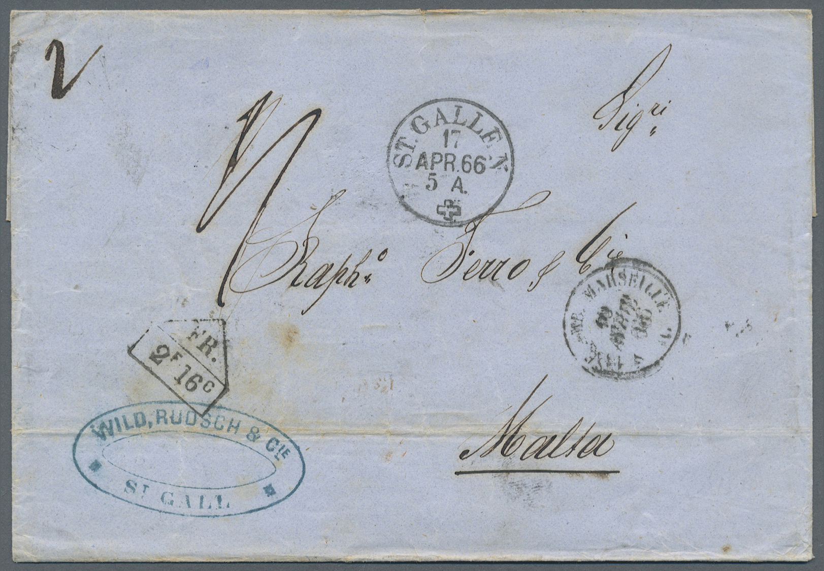 Br Malta: 1866. Stampless Envelope Written From St. Gallen Dated '17 April 1866' Addressed To Malta Cancelled By - Malte
