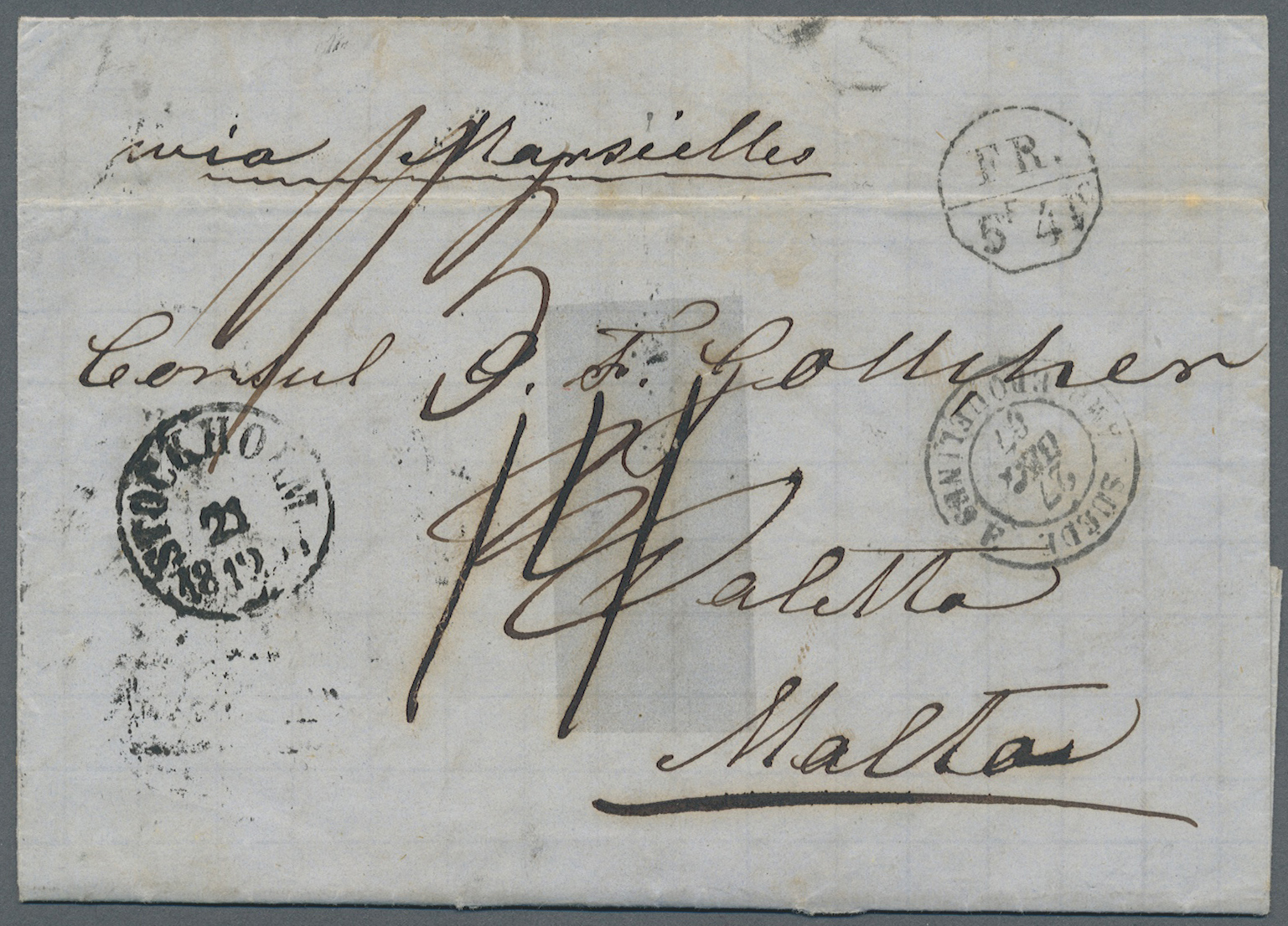 Br Malta: 1867. Stampless Envelope Cancelled By Stockholm Date Stamp Addressed To The 'Swedish Consul, Valetta' E - Malta