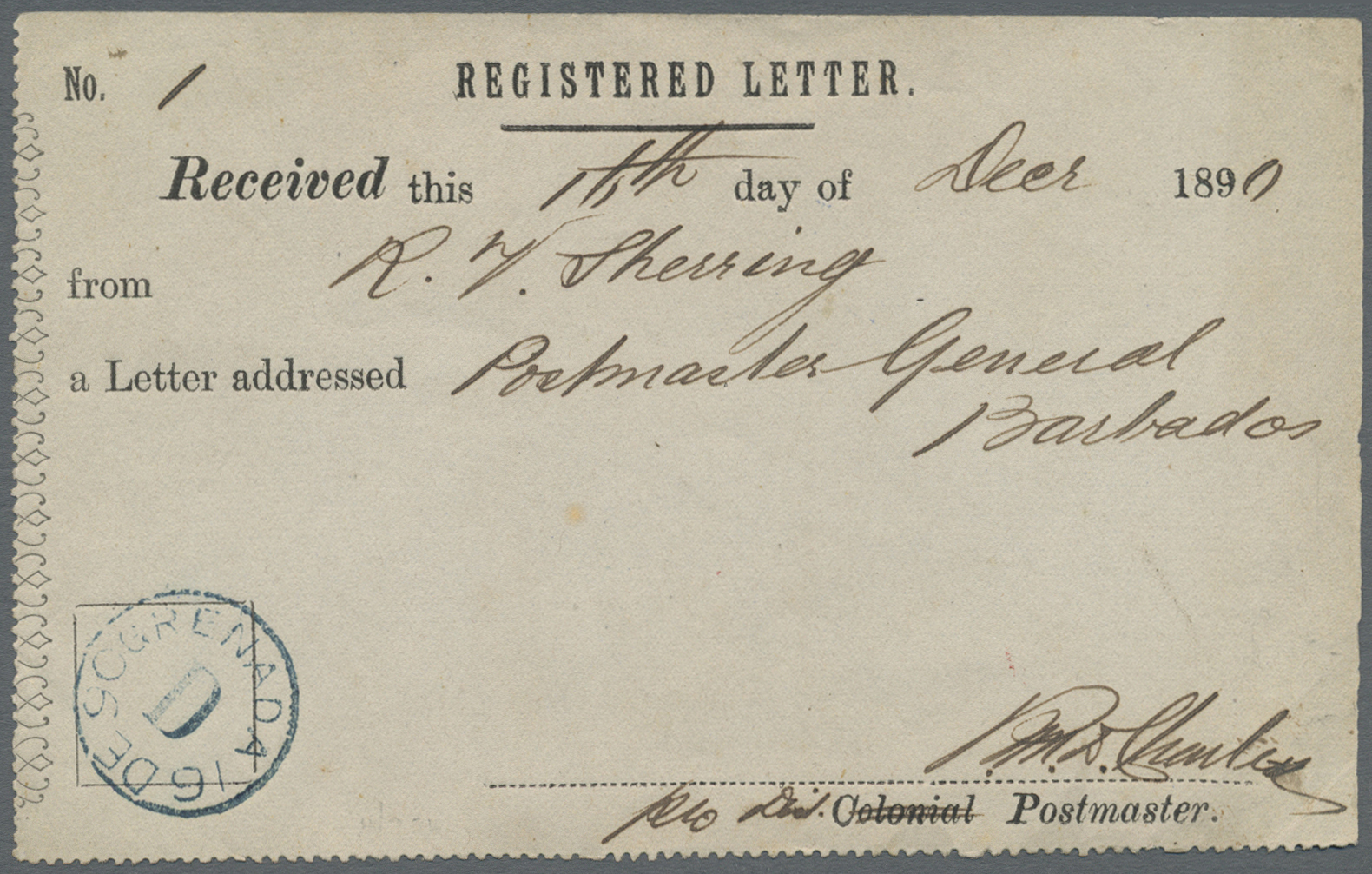 Br Grenada: 1890. Receipt Form For Registered Letter Cancelled By 'Grenada/D' (16/12) Date Stamp In Blue And Signed By T - Grenada (...-1974)