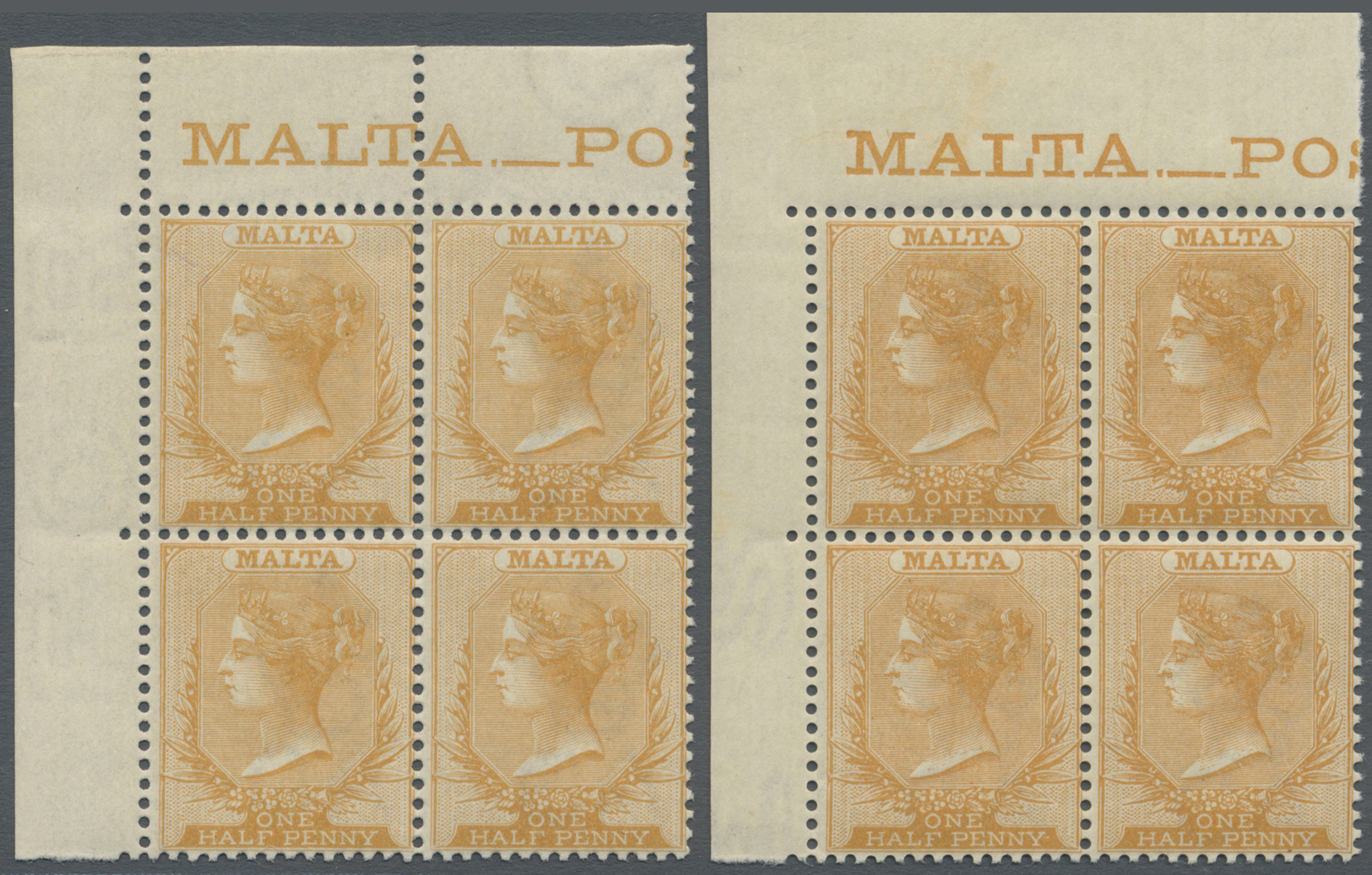 ** Malta: 1882, 1/2 Penny Königin Viktoria Als 2 Postfrische 4-er Blöcke Aus Der L.o. Bogenecke Einmal Mit Und Ei - Malte