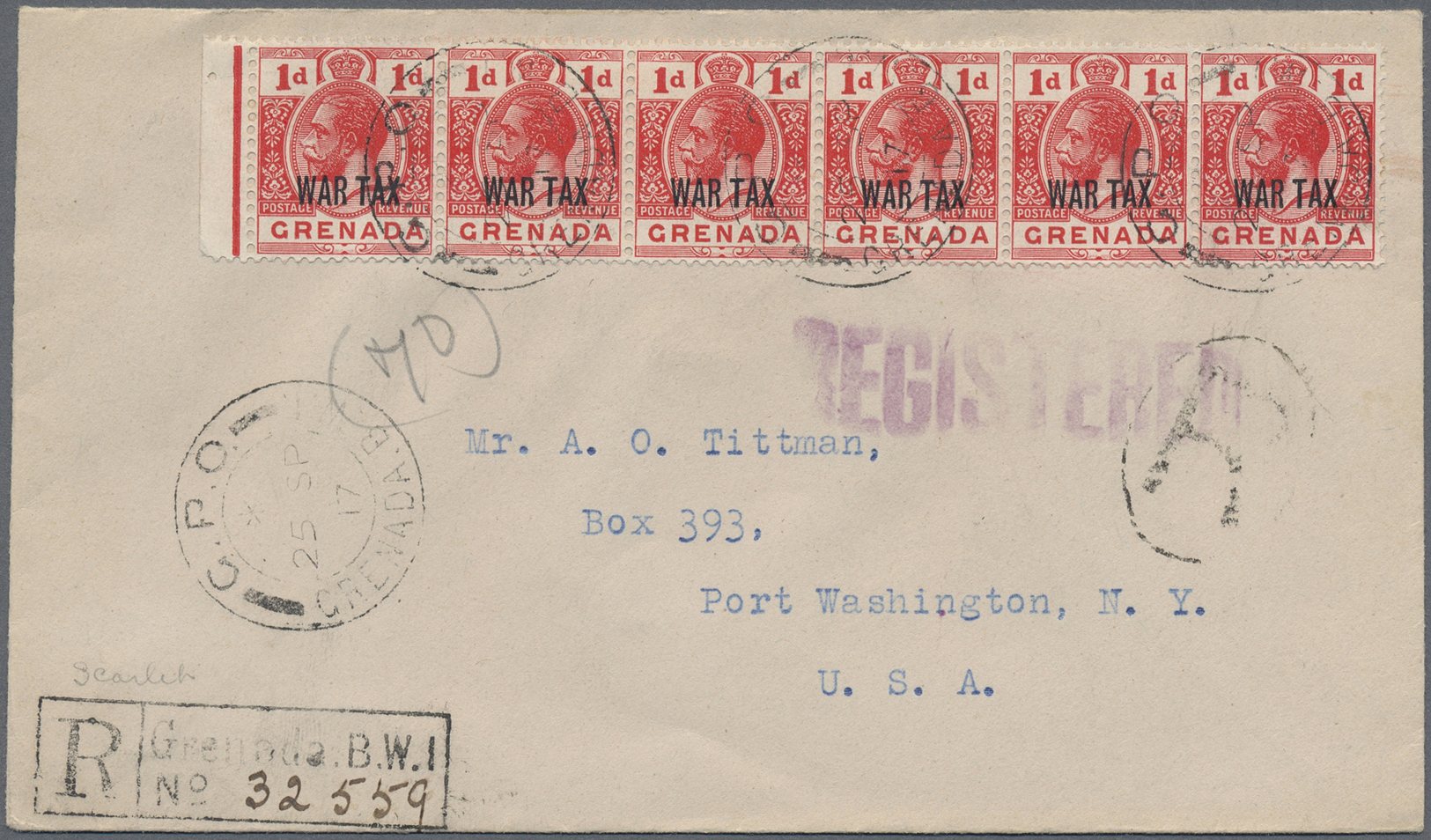 Br Grenada: 1917, 1 D With "WAR TAX" Imprint In Nice Strip Of Six On Registered Letter Sent From G.P.O. GRENADA To USA. - Grenada (...-1974)