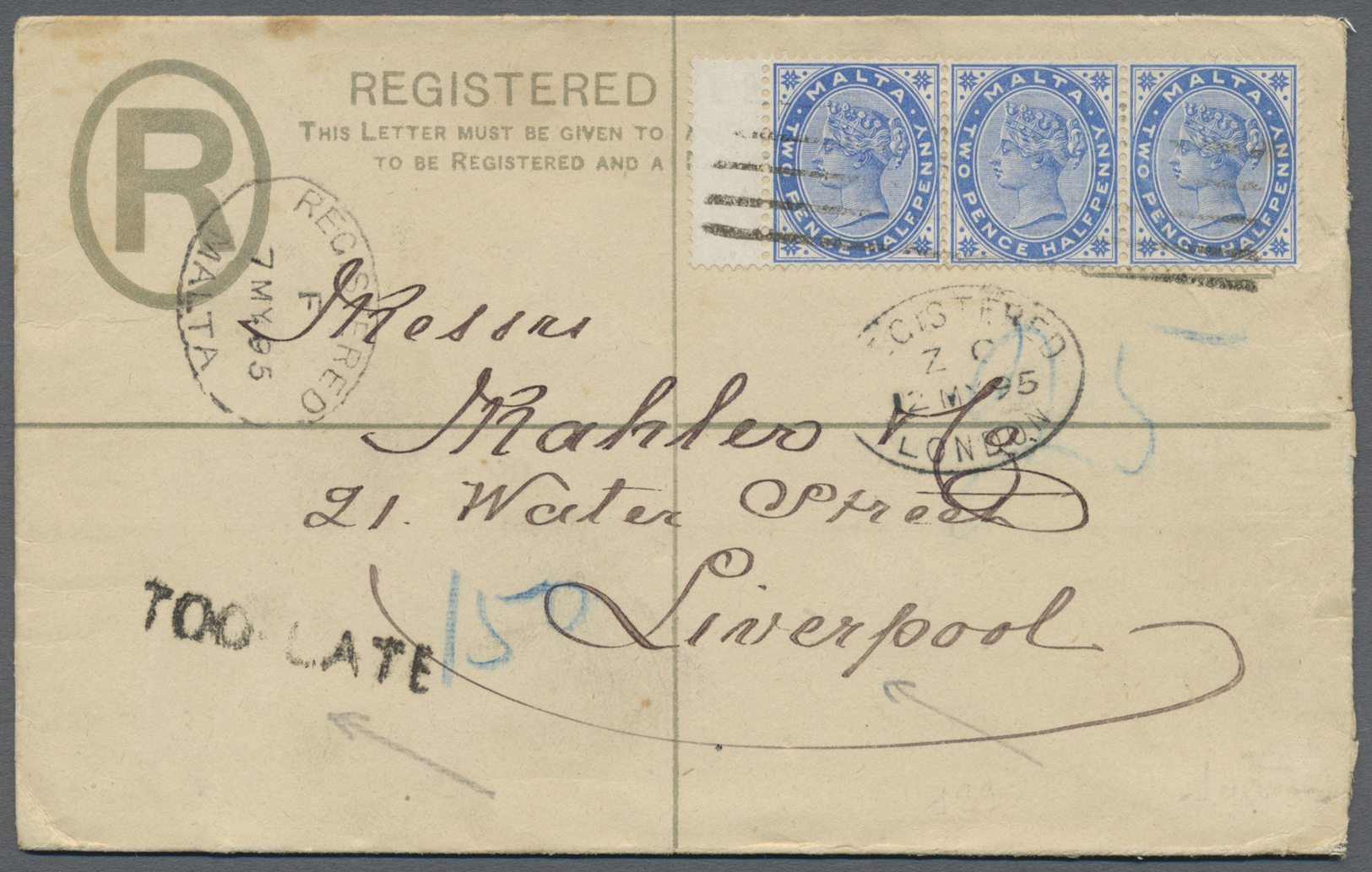 GA Malta: 1895. Registered Postal Stationery Envelope 2b Blue Upgraded With SG 25, 2½d Blue (strip Of 3) Tied By - Malta