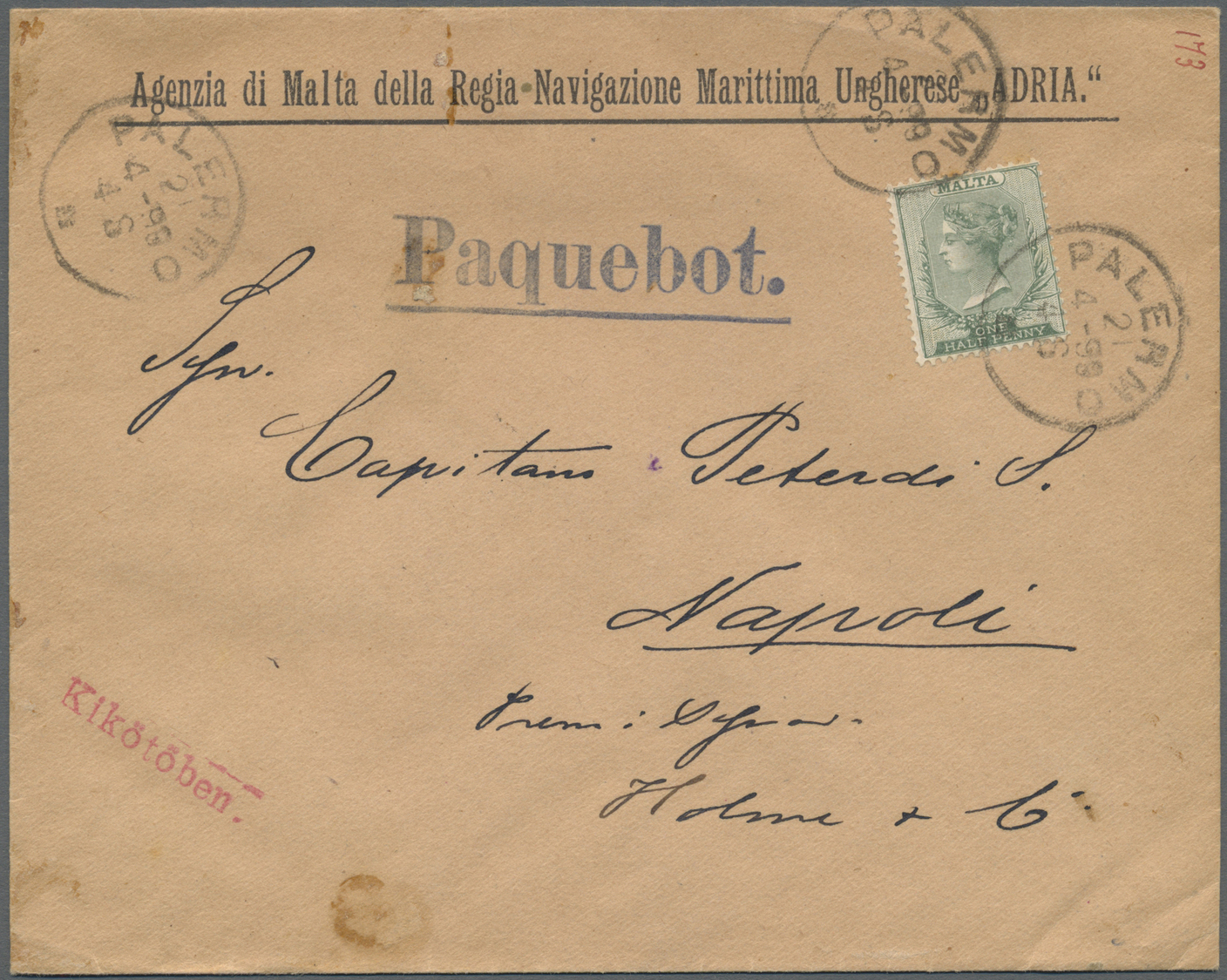 Br Malta: 1899. Envelope To Napoli Headed 'Agenzia Di Malta Della Regia Navigazione Marittima Ungherese Adria' Be - Malte