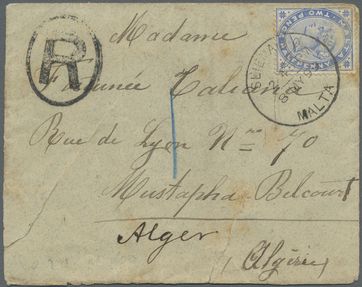 Br Malta: 1899. Registered Envelope (faults,tears) Addressed To Algeria, North Africa Bearing SG 22, 1d Carmine ( - Malte