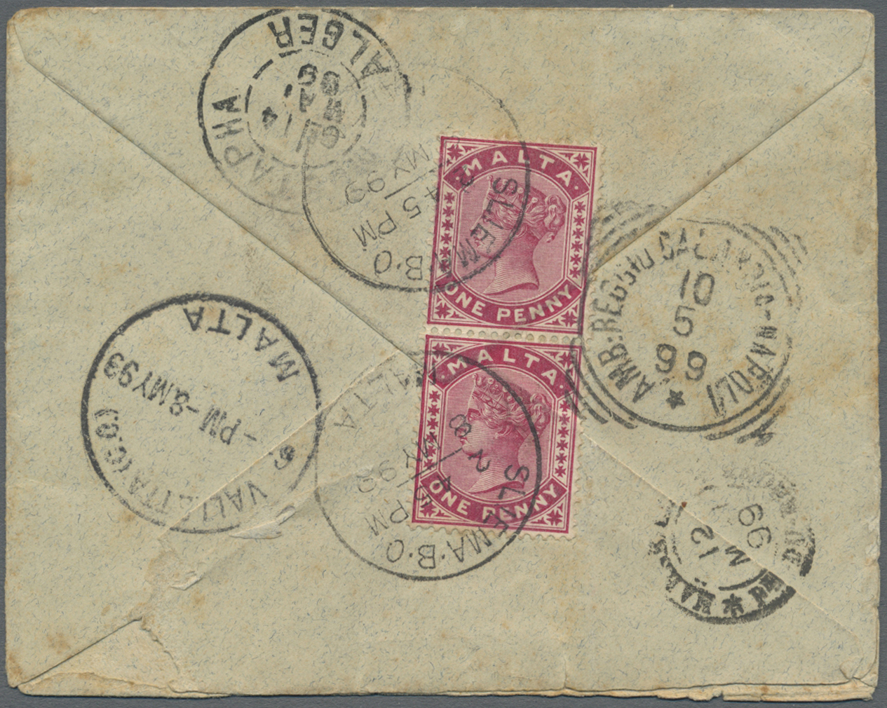 Br Malta: 1899. Registered Envelope (faults,tears) Addressed To Algeria, North Africa Bearing SG 22, 1d Carmine ( - Malta