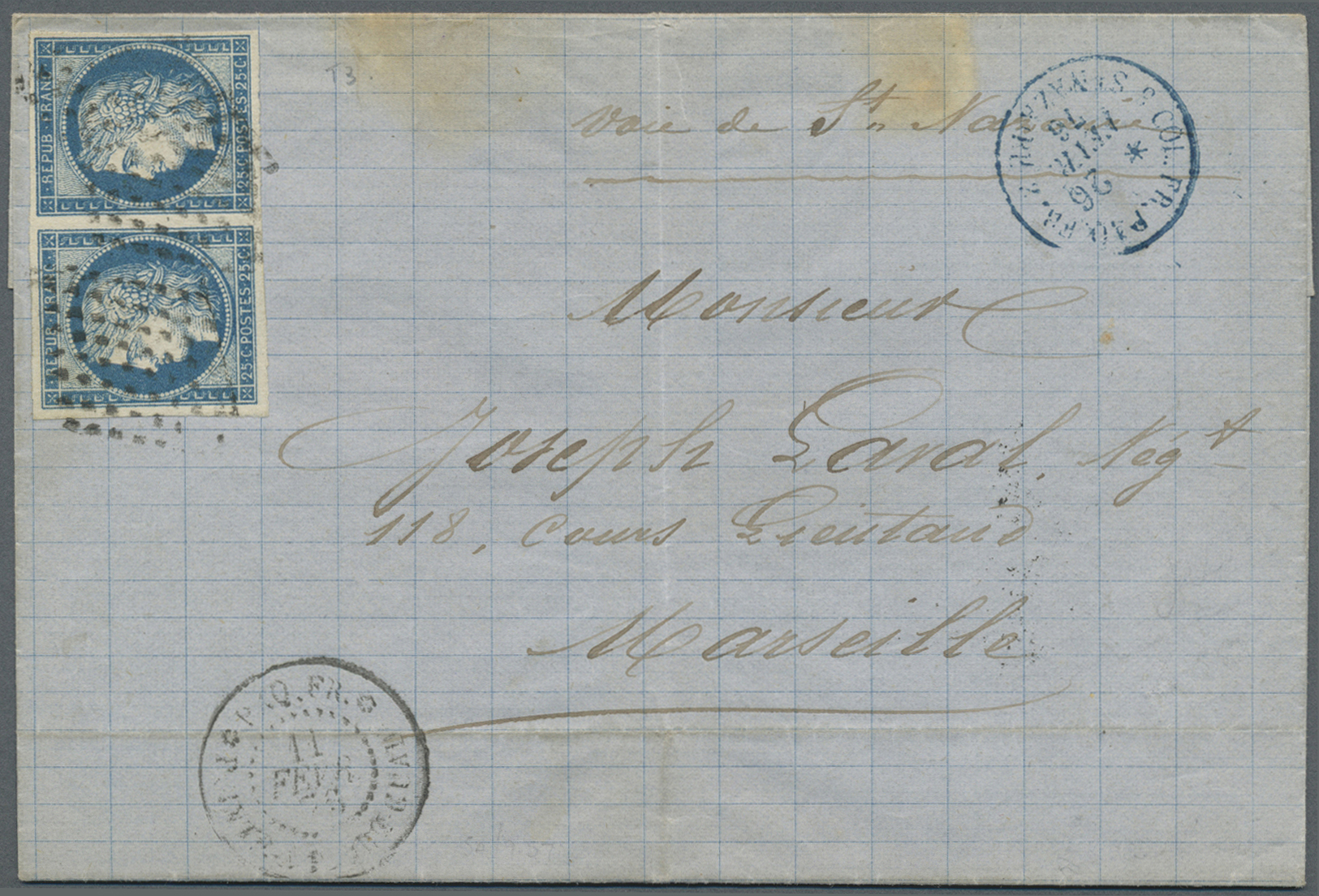 Br Guadeloupe: 1876 (11.2.), Ceres 25c Blue Horiz. Pair With Good To Wide Margins Around Used On Folded Entire With Rhom - Covers & Documents