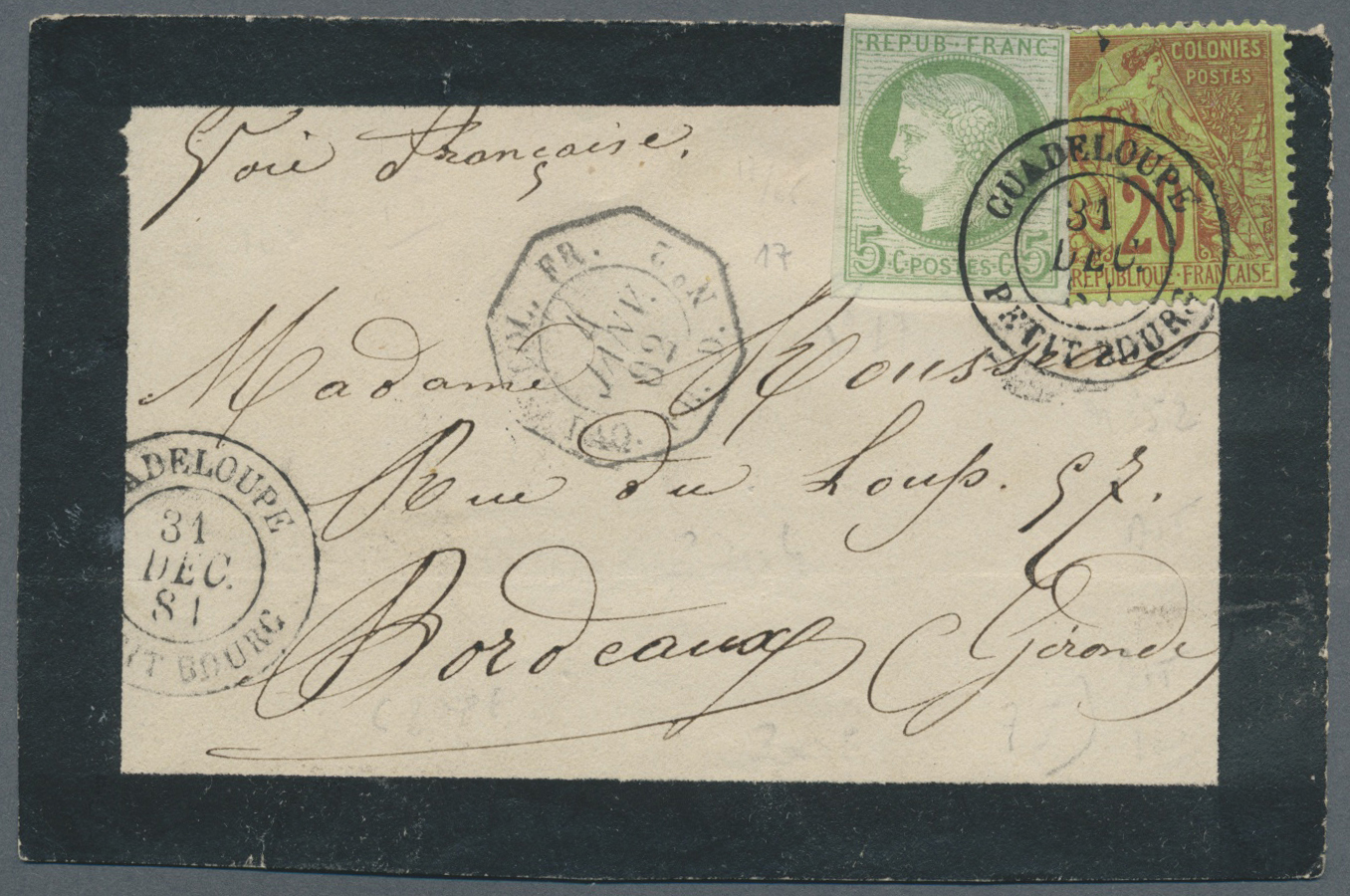 Br/Brrst Guadeloupe: 1881. Mourning Envelope (front) Addressed To Bordeaux Bearing French General Colonies Yvert 17, 5c  - Covers & Documents