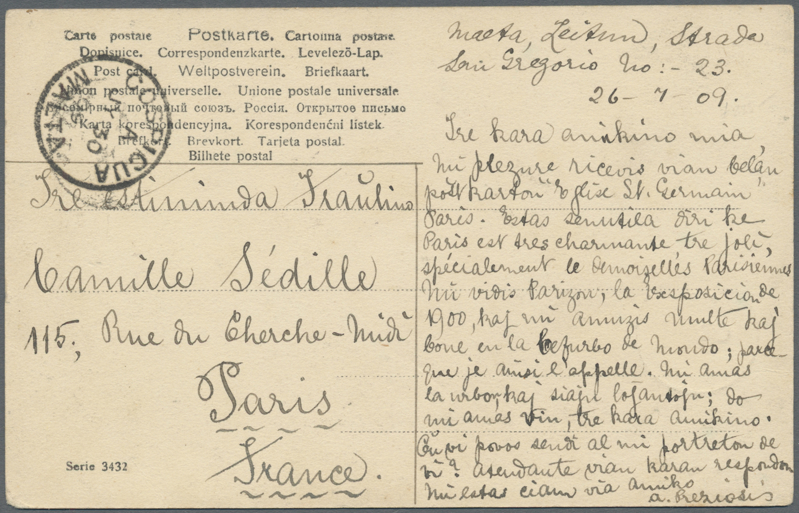 Br Malta: 1909. Picture Post Card Of 'Beautiful Lady' Addressed To Paris Bearing SG 49, 1d Carmine Tied By Zeitun - Malta