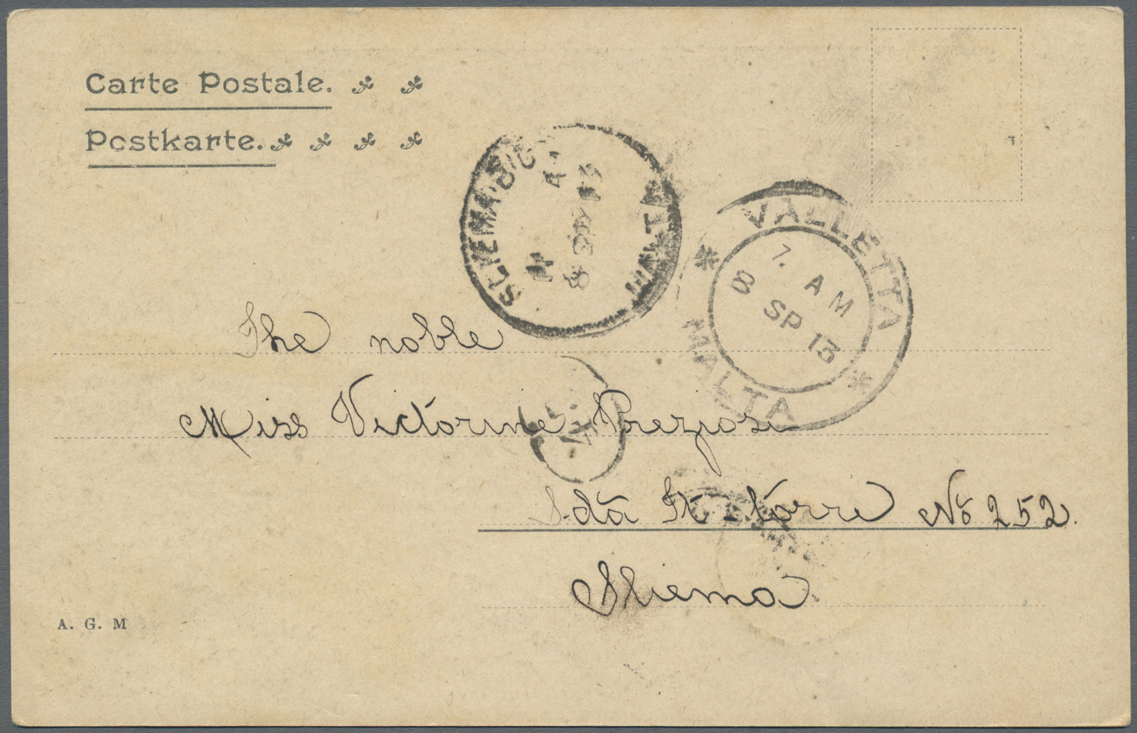 Br Malta: 1913. Picture Post Card Addressed To Sliema Bearing SG 47, ½d Green Tied By Paula/AM Date Stamp With Va - Malte