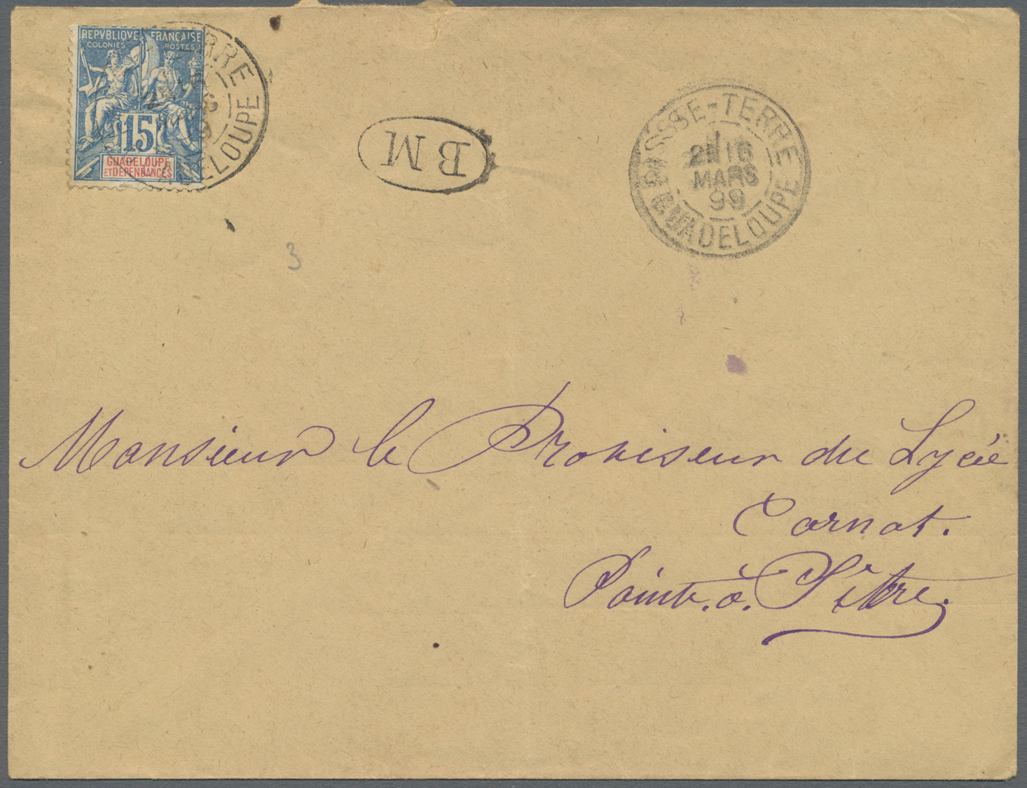 Br Guadeloupe: 1898. Envelope (vertical Fold) Addressed To The 'Chef De Service, Pointe-a-Pitre' Bearing Yvert 32, 15c B - Covers & Documents