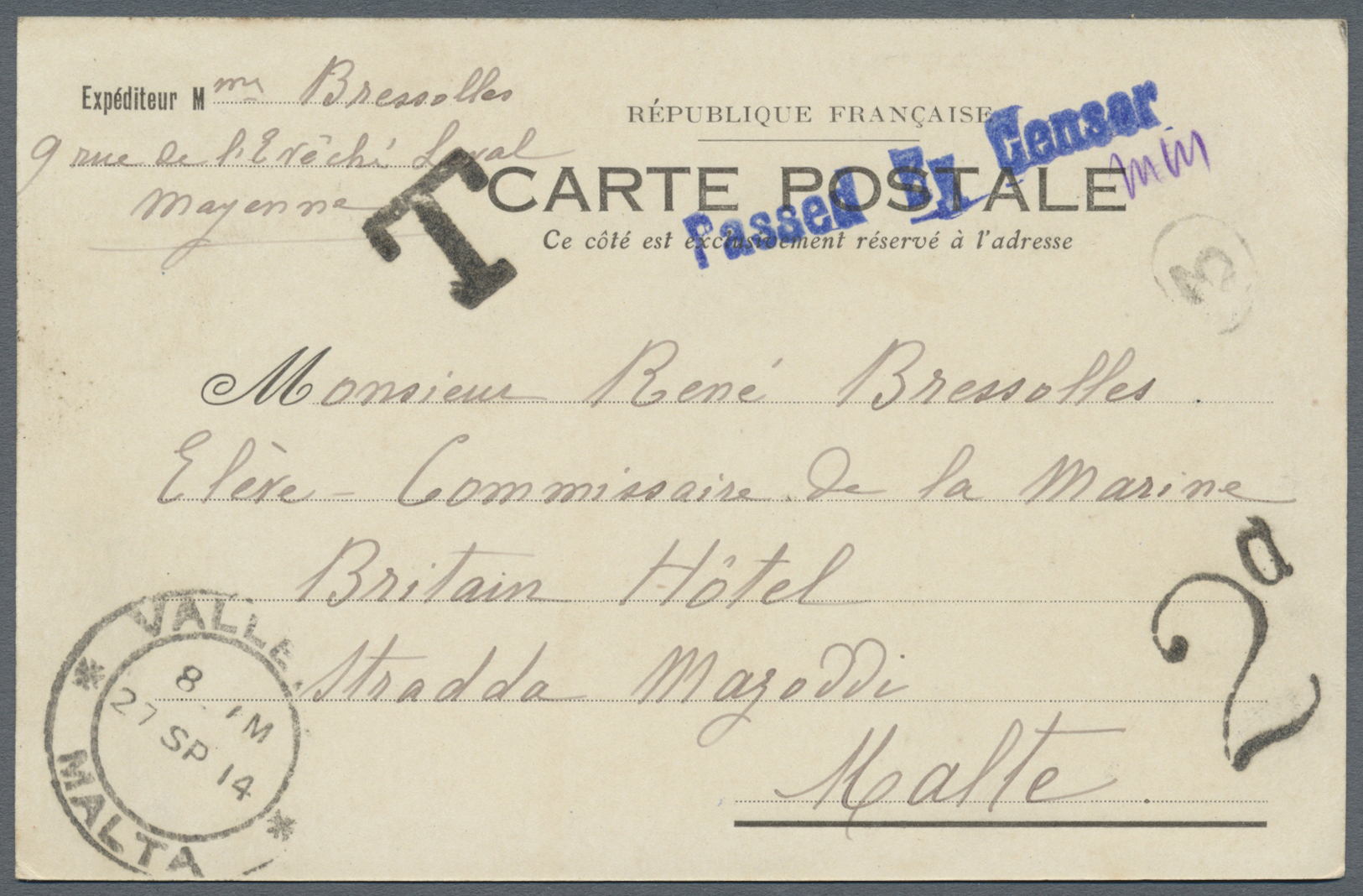 Br Malta: 1914. 'Republique Francaise' Post Card Written From Mayenne Addressed To The 'vice Superintendent Of Th - Malte