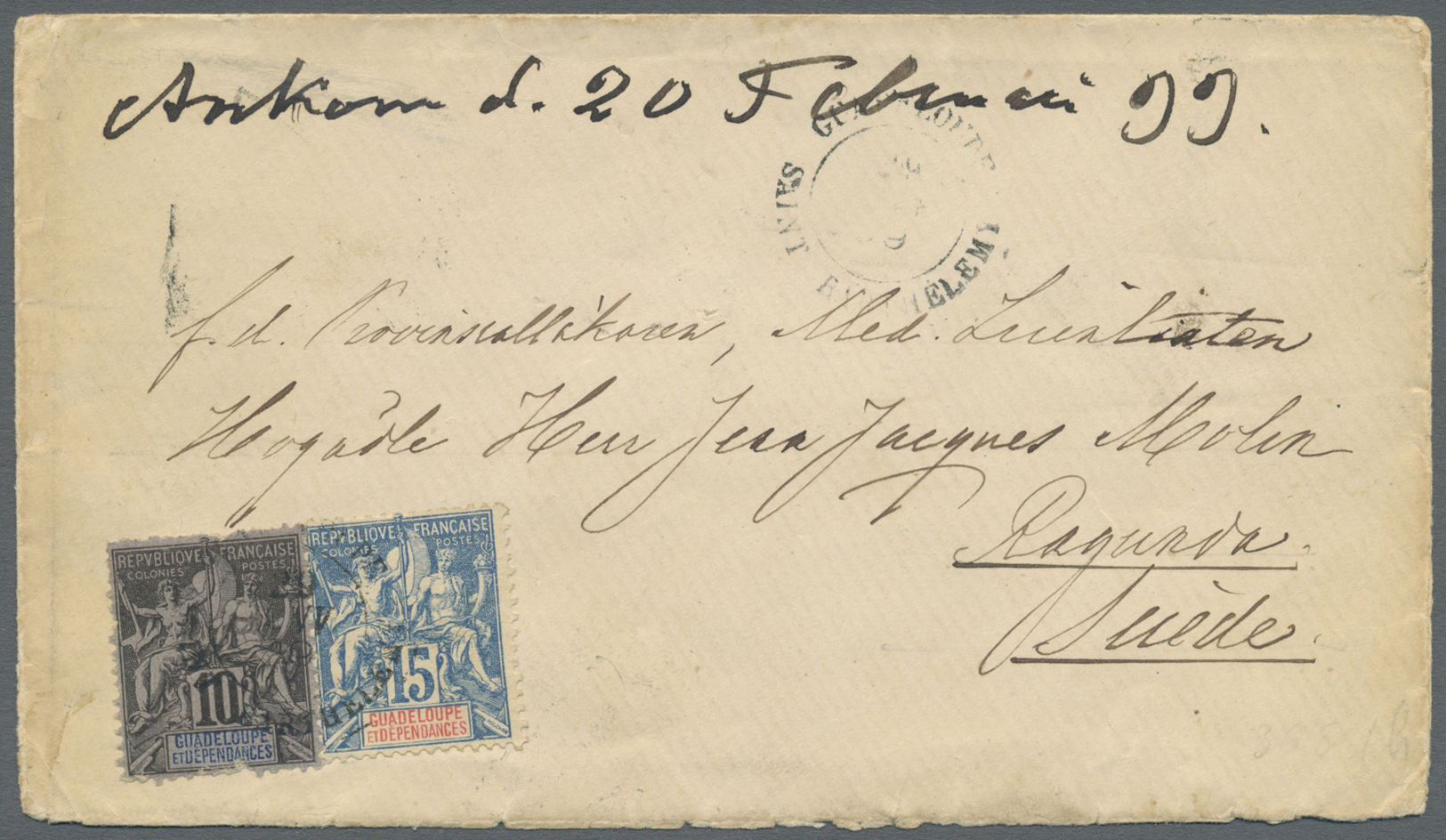 Br Guadeloupe: 1899 (29.1.), Allegorie 10c. Black/blue On Purple (faults) And 15c. Blue/red Used On Small Cover From SAI - Covers & Documents