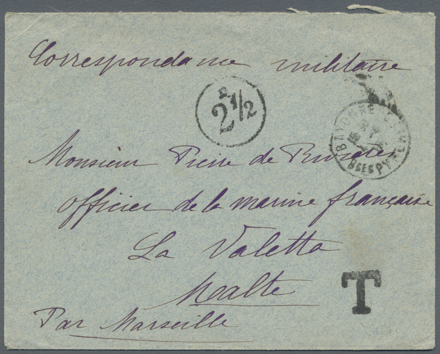 Br Malta: 1915. Stampless Envelope Written From France Addressed To 'Officer De Marine Francaise, La Valetta', En - Malte