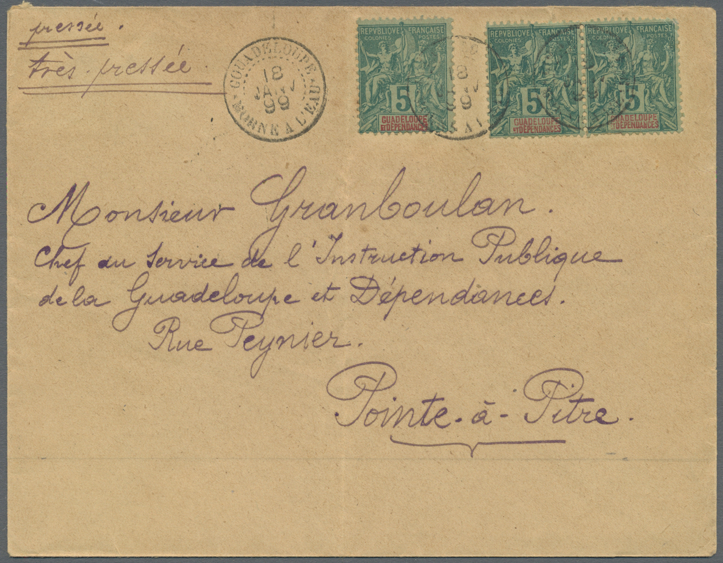 Br Guadeloupe: 1899. Envelope (vertical Fold, Roughly Opend) Addressed To The 'Chef De Service, Pointe-a-Pitre' Bearing  - Covers & Documents