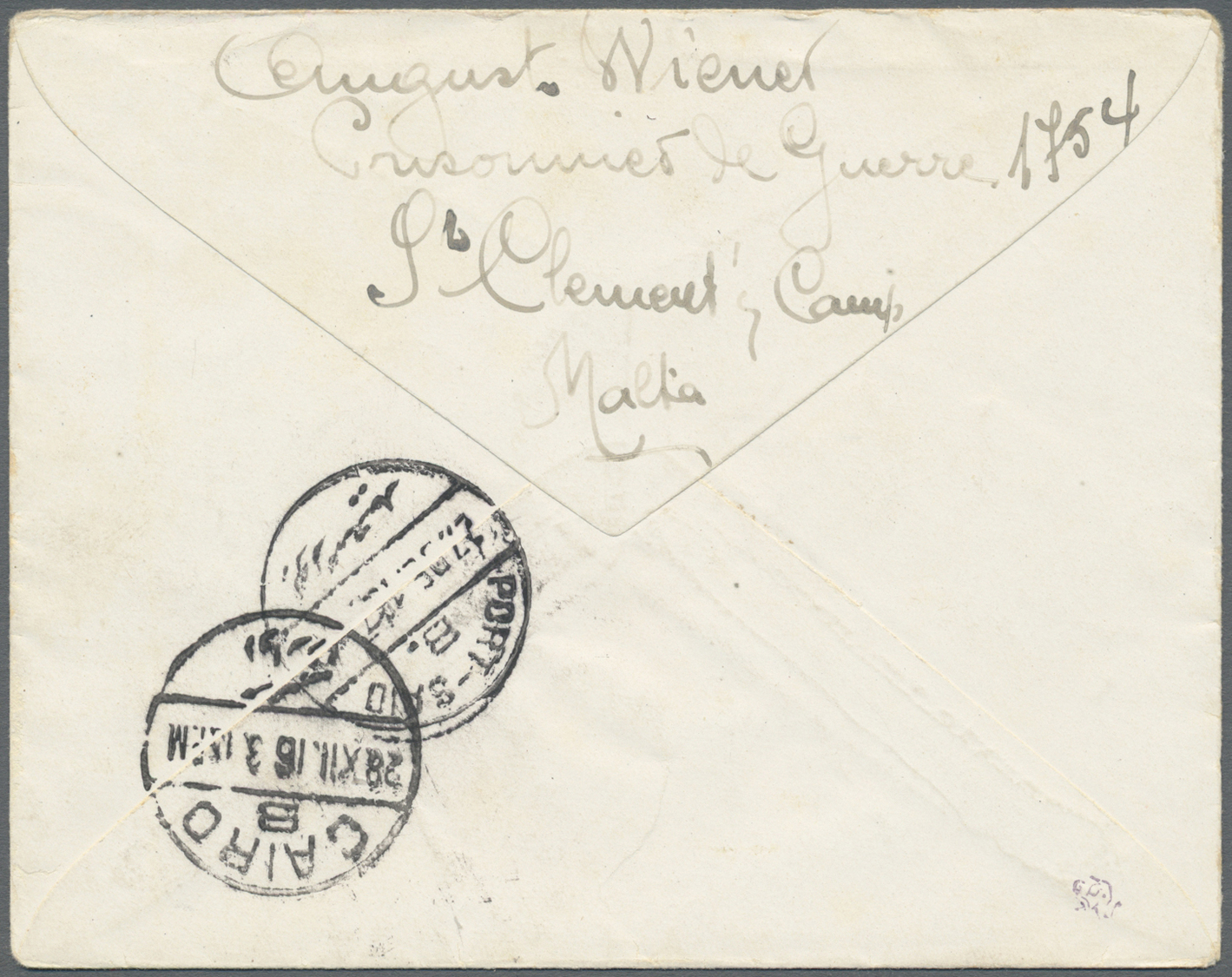 Br Malta: 1916. Stampless Envelope Headed Prisoner Of War Addressed To Egypt Written From 'St Clement Camp, Malta - Malta