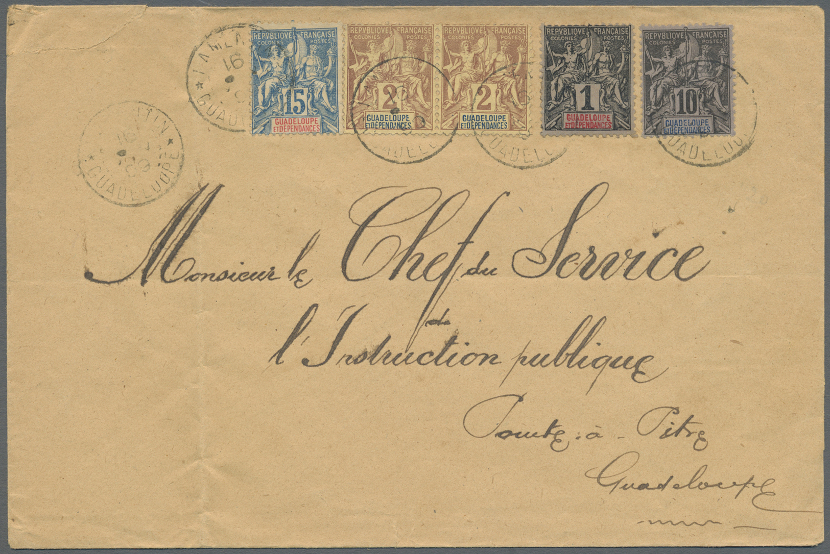 Br Guadeloupe: 1899. Envelope Addressed To The 'Chef De Service, Pointe-a-Pitre' Bearing Yvert 27, 1c Black/blue, Yvert  - Covers & Documents