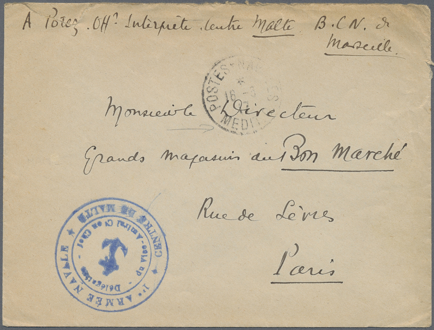 Br Malta: 1917. Stampless Military Mail Envelope Addressed To Paris Cancelled By 'Postes Naveles/Medit' Date Stam - Malta