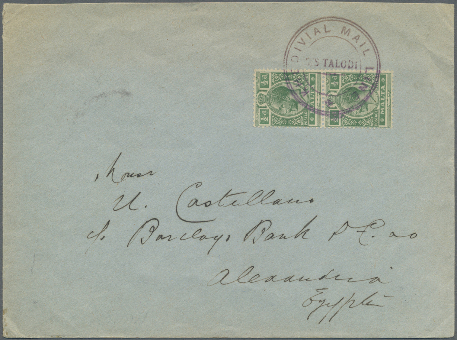 Br Malta: 1931. Envelope Addressed To Egypt Bearing SG 71, ½d Green (pair) Tied By 'Khedivial Mail Line/S.S. Talo - Malte