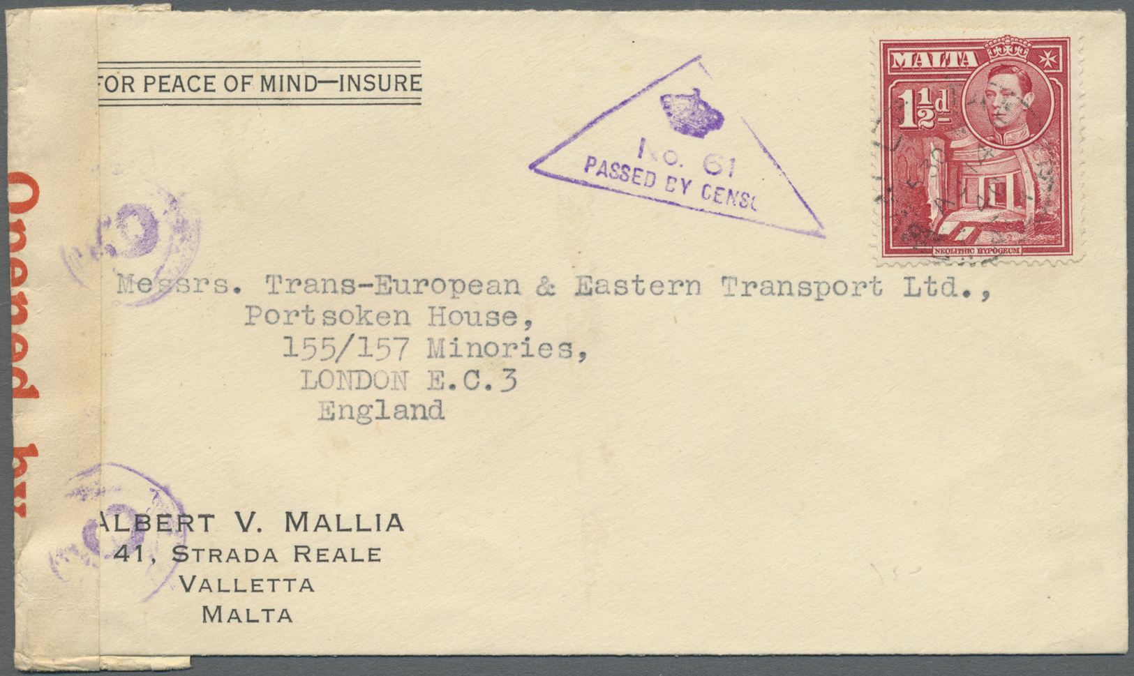 Br Malta: 1940. Envelope Addressed To London Bearing Malta SG 220, 1½d Scarlet Tied By Valletta Date Stamp With M - Malta