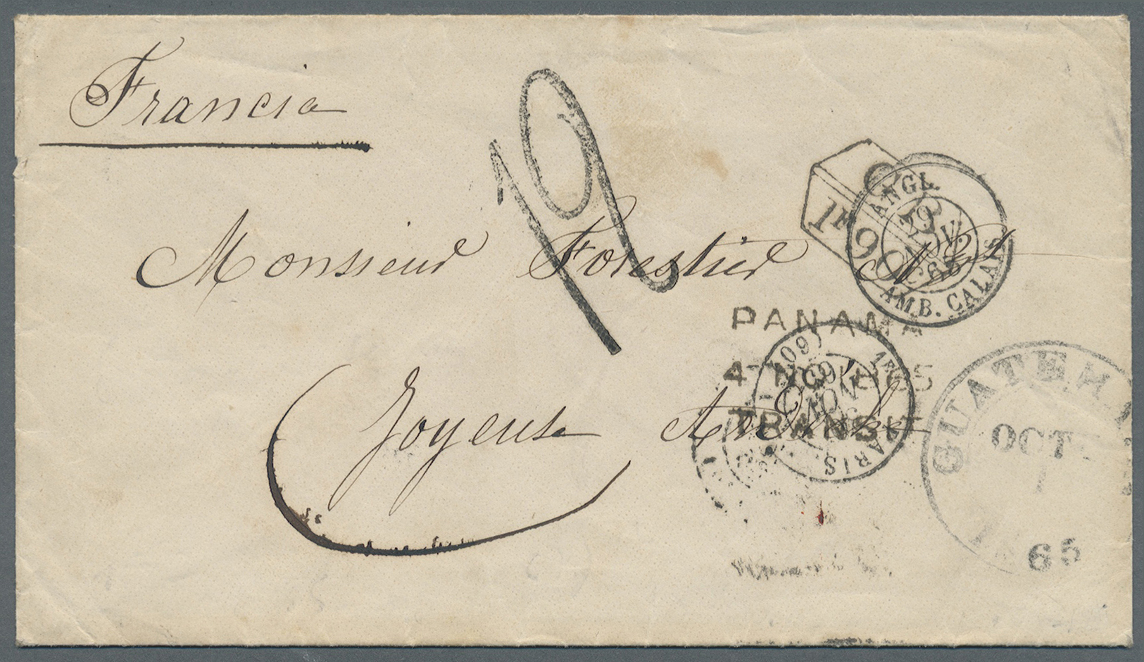 Br Guatemala: 1865. Stampless Envelope Addressed To France Cancelled By Guatemala Date Stamp Routed Via Panama With 'Pan - Guatemala