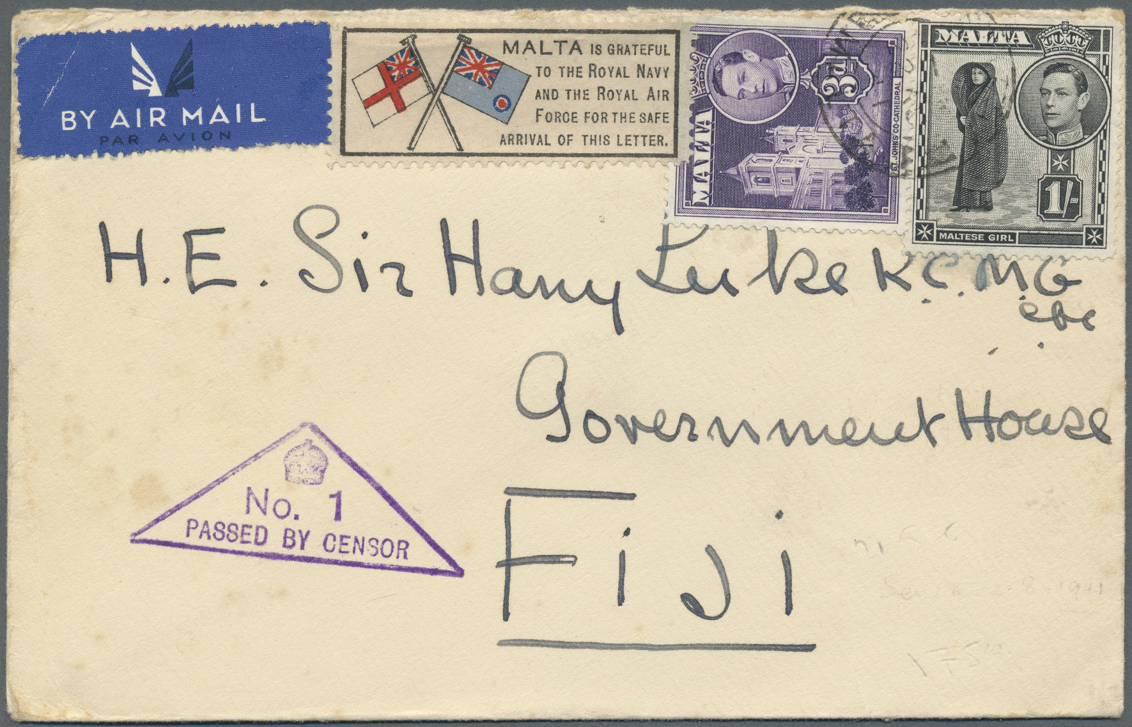 Br Malta: 1941. Air Mail Envelope Addressed To 'Sir Harry Luke, Government House, Fiji' Bearing Malta SG 223, 3d - Malta