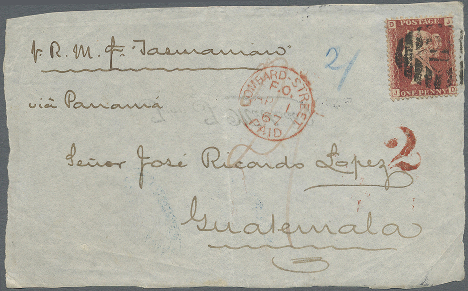 Br/Brrst Guatemala: 1867 Incoming Mail: Letter Frontside Bearing QV 1 D. Red, Plate 102 (unclear) Tied By Barr "II" And  - Guatemala