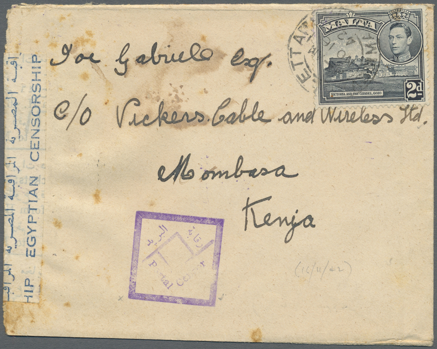 Br Malta: 1942. Envelope (stains) Addressed To Mombasa, Kenya Bearing Malta SG 221, 2g Grey Tied By Valetta Doubl - Malta