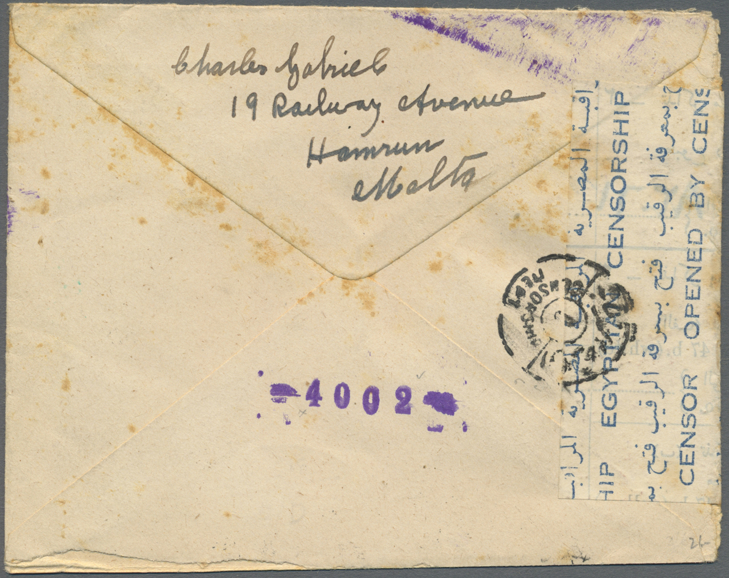 Br Malta: 1942. Envelope (stains) Addressed To Mombasa, Kenya Bearing Malta SG 221, 2g Grey Tied By Valetta Doubl - Malta