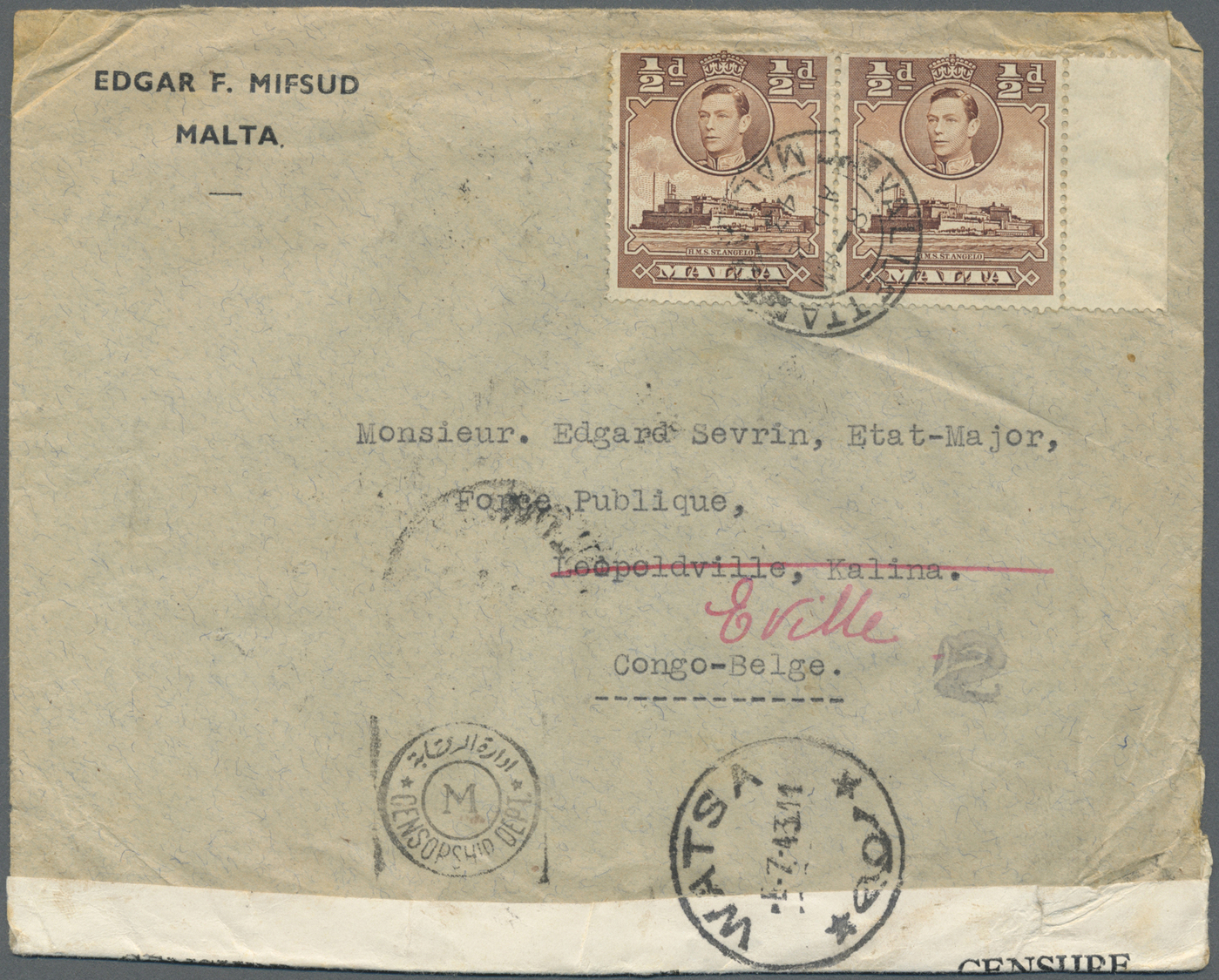 Br Malta: 1943. Envelope (creased) Addressed To Leopoldville, Belgian Congo Bearing Malta SG 218a, ½d Brown (pair - Malte