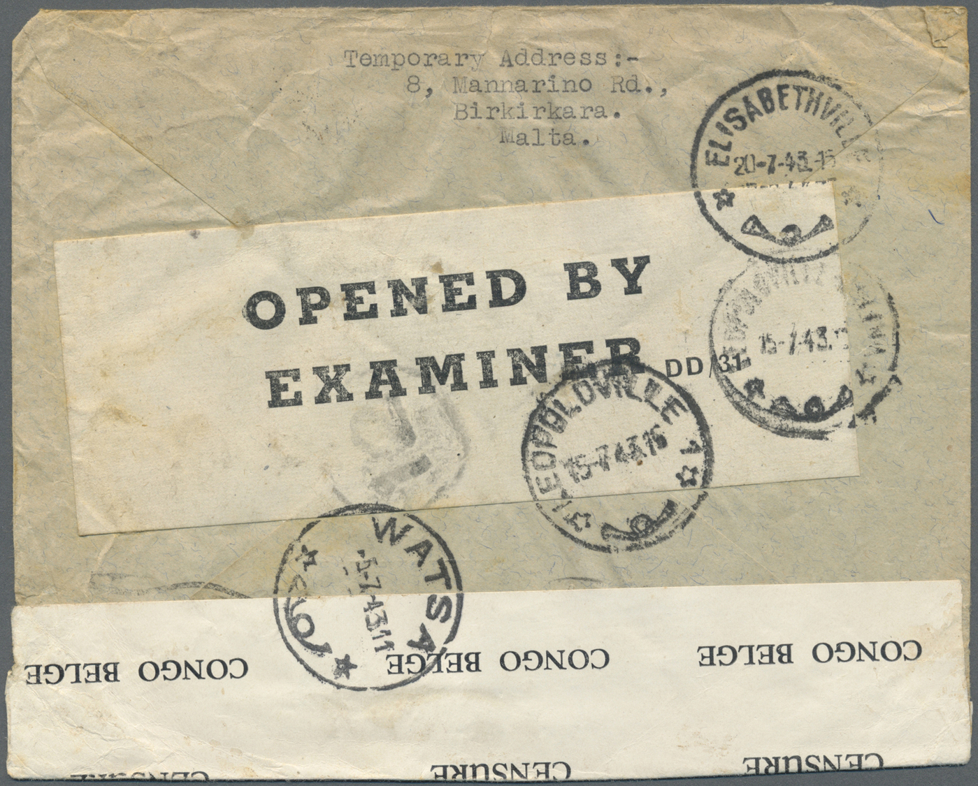 Br Malta: 1943. Envelope (creased) Addressed To Leopoldville, Belgian Congo Bearing Malta SG 218a, ½d Brown (pair - Malte