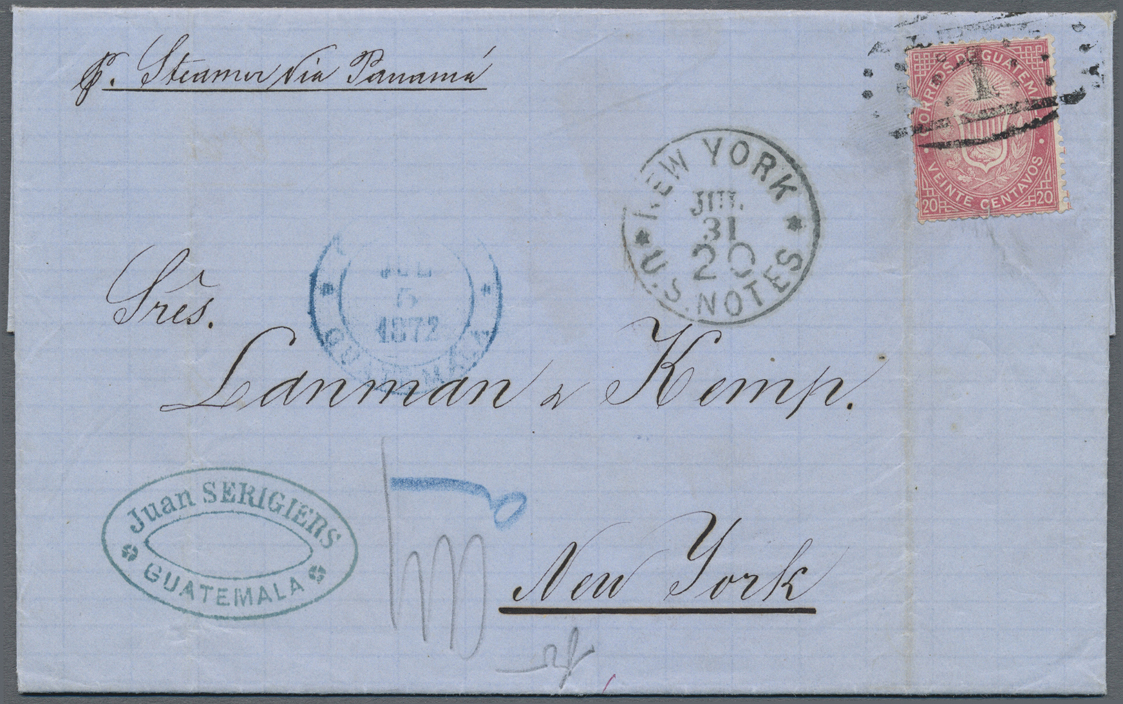 Br Guatemala: 1872, 20c. Rose On Folded Envelope With Content Tied By Oval "1" From Guatemala With Blue Cds. Alongside,  - Guatemala