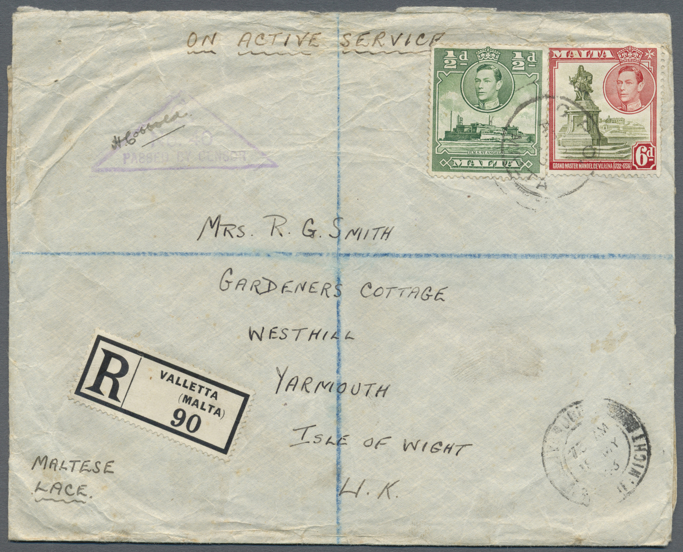 Br Malta: 1943. Registered Envelope Endorsed 'On Active Service' Addressed To The Isle Of Wight Bearing SG 218, ½ - Malte