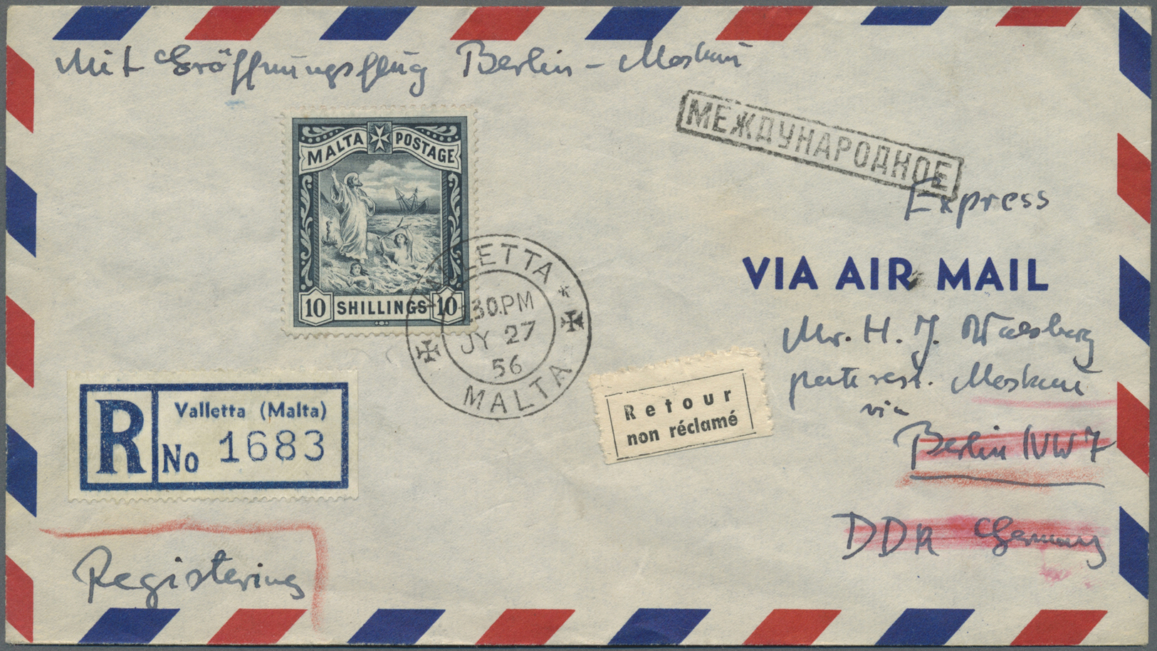 Br Malta: 1956, Registered Letter With 10 Shillings From VALETTA Via Berlin To Moskow And Returned Via Berlin To - Malta