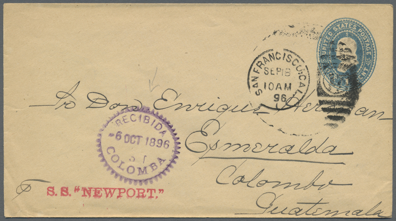 GA Guatemala: XOLHUITZ 16 SET 1887 And COLOMBIA 6 OCT 1896, Two Violet "Recibida"-arrivals On Two Very Fine USA Statione - Guatemala