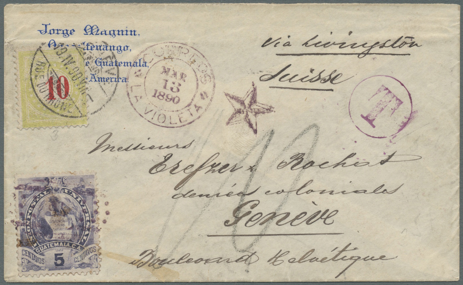 Br Guatemala: 1890. Envelope Addressed To Switzerland Bearing Yvert 34, 5c Violet Tied By Dotted Obliterator With Adjace - Guatemala