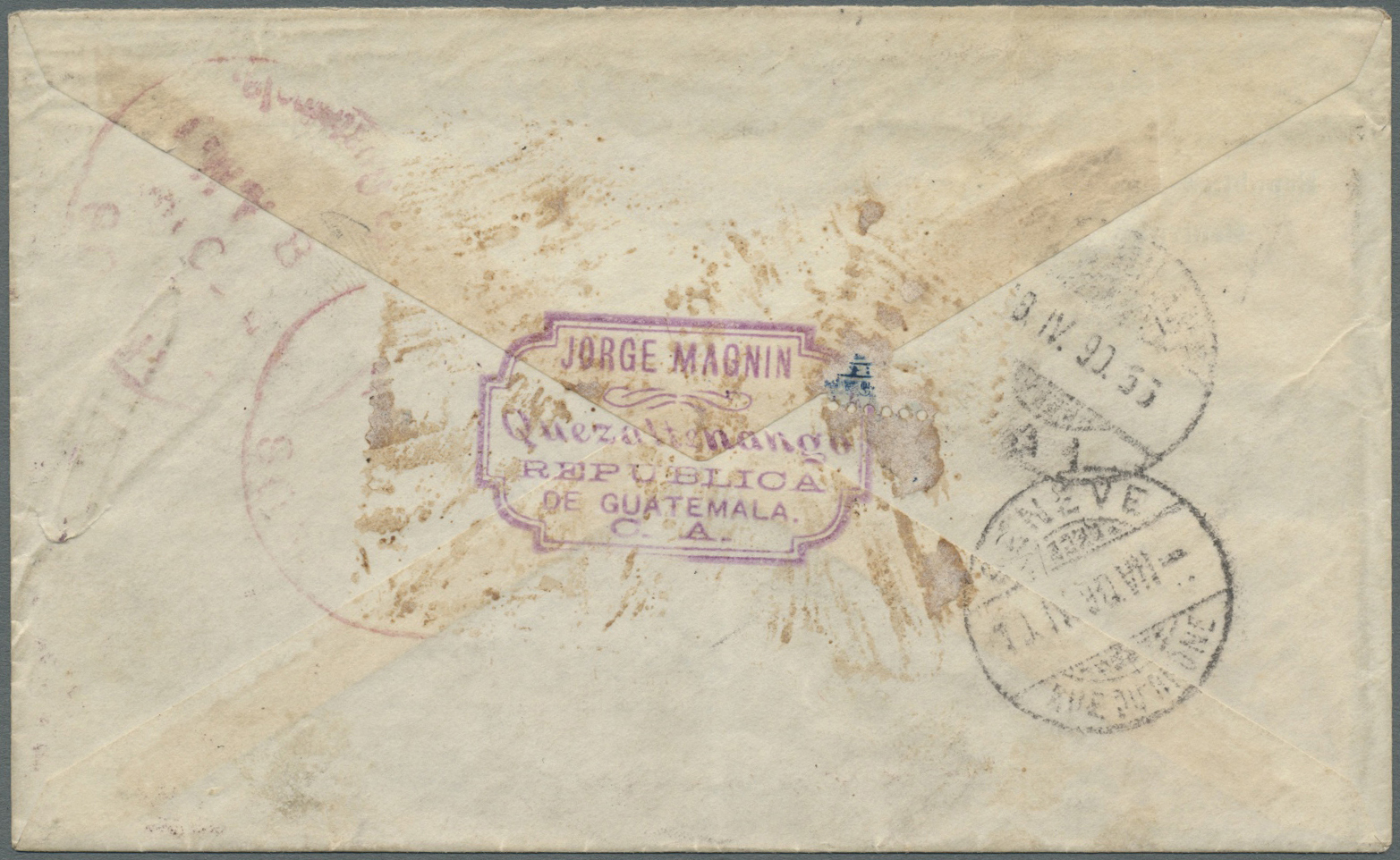 Br Guatemala: 1890. Envelope Addressed To Switzerland Bearing Yvert 34, 5c Violet Tied By Dotted Obliterator With Adjace - Guatemala