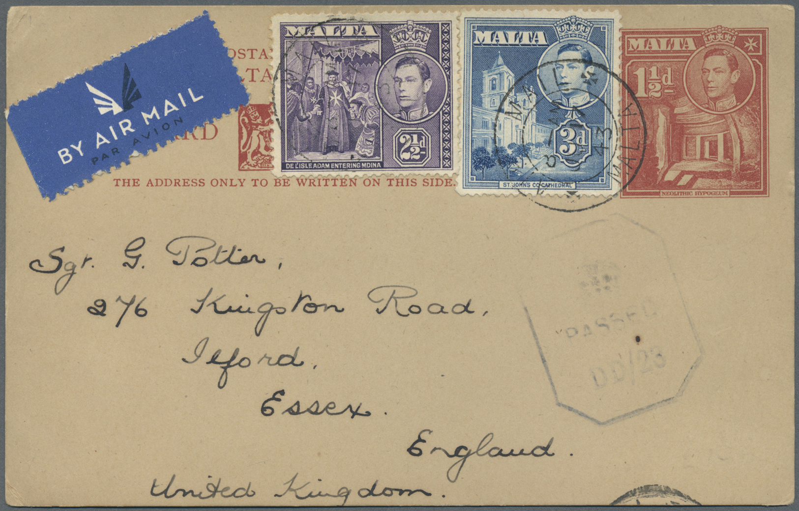 GA Malta - Ganzsachen: 1943. Air Mail Postal Stationery Card (written From Naxxar) Upgraded With SG 222a, 2½d Vio - Malta