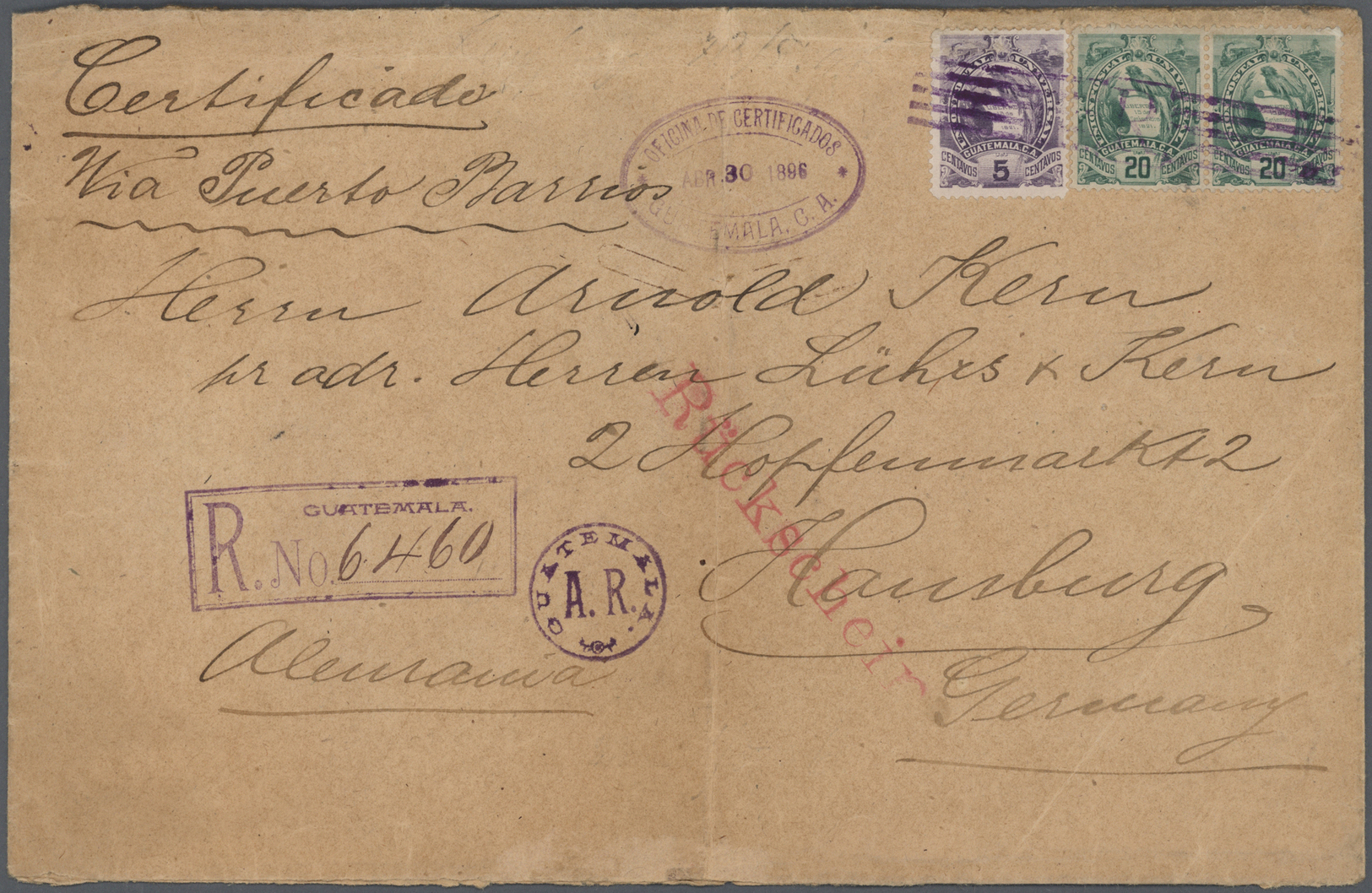 Br Guatemala: 1896, "Avis De Reception"-envelope 2x 20 C Green, 5 C Violet Ans B/s 5x "1 CENTAVO -- 1895" On 5 C Violet  - Guatemala