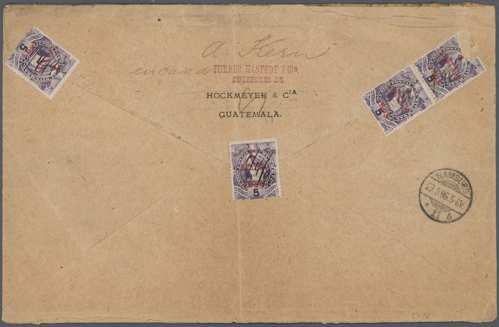 Br Guatemala: 1896, "Avis De Reception"-envelope 2x 20 C Green, 5 C Violet Ans B/s 5x "1 CENTAVO -- 1895" On 5 C Violet  - Guatemala