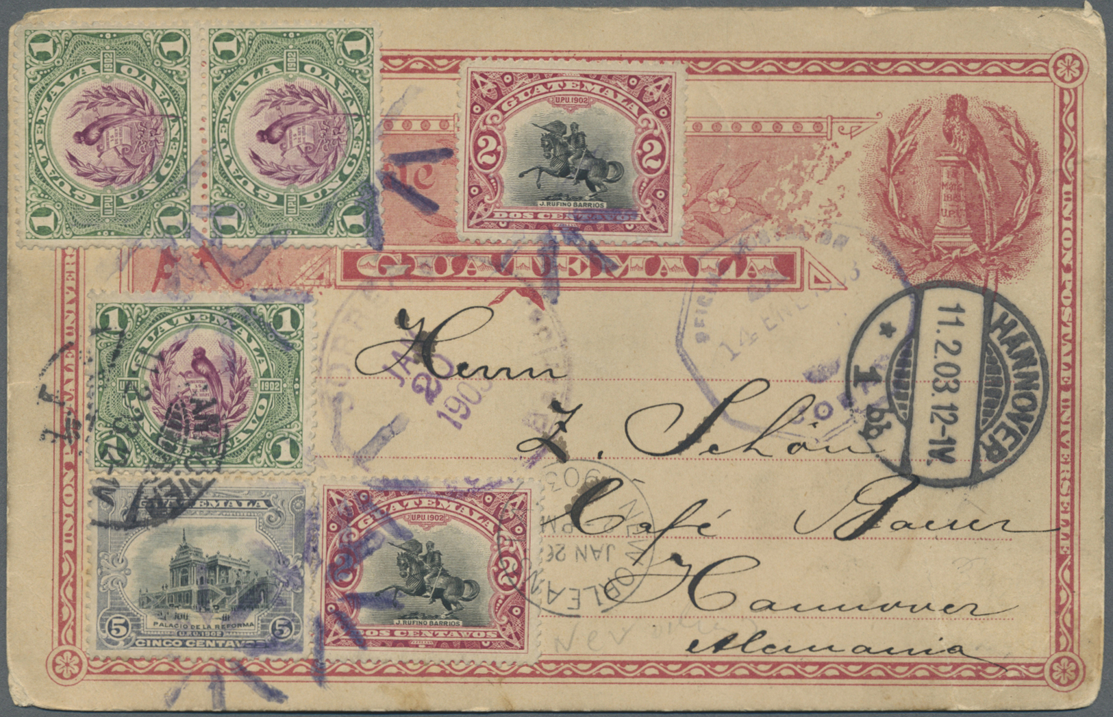 GA Guatemala - Ganzsachen: 1903, Stationery Card Carmine Uprated 1 C. (3), 2 C. (2), 5 C. Canc. Blue "star" With "COBAN  - Guatemala
